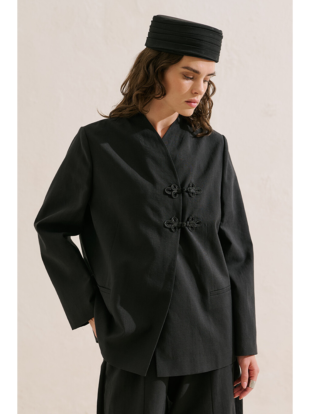 Düğüm Detaylı Kruvaze Blazer Ceket Siyah-5
