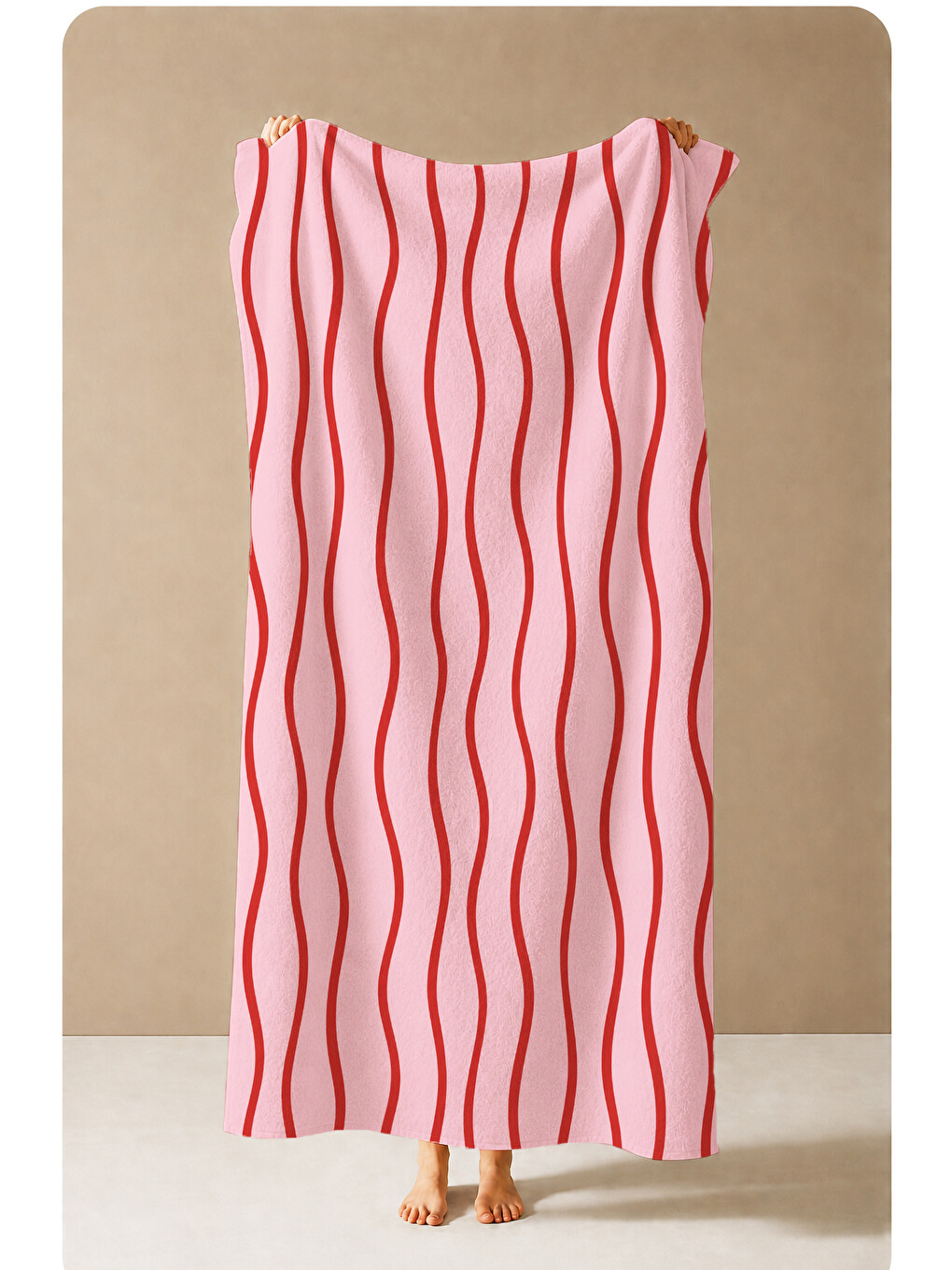 Retro Pembe Kırmızı Dalgalı Çizgili Desenli 70x150 Plaj Havlusu - Dijital Baskılı Banyo Havlusu-4