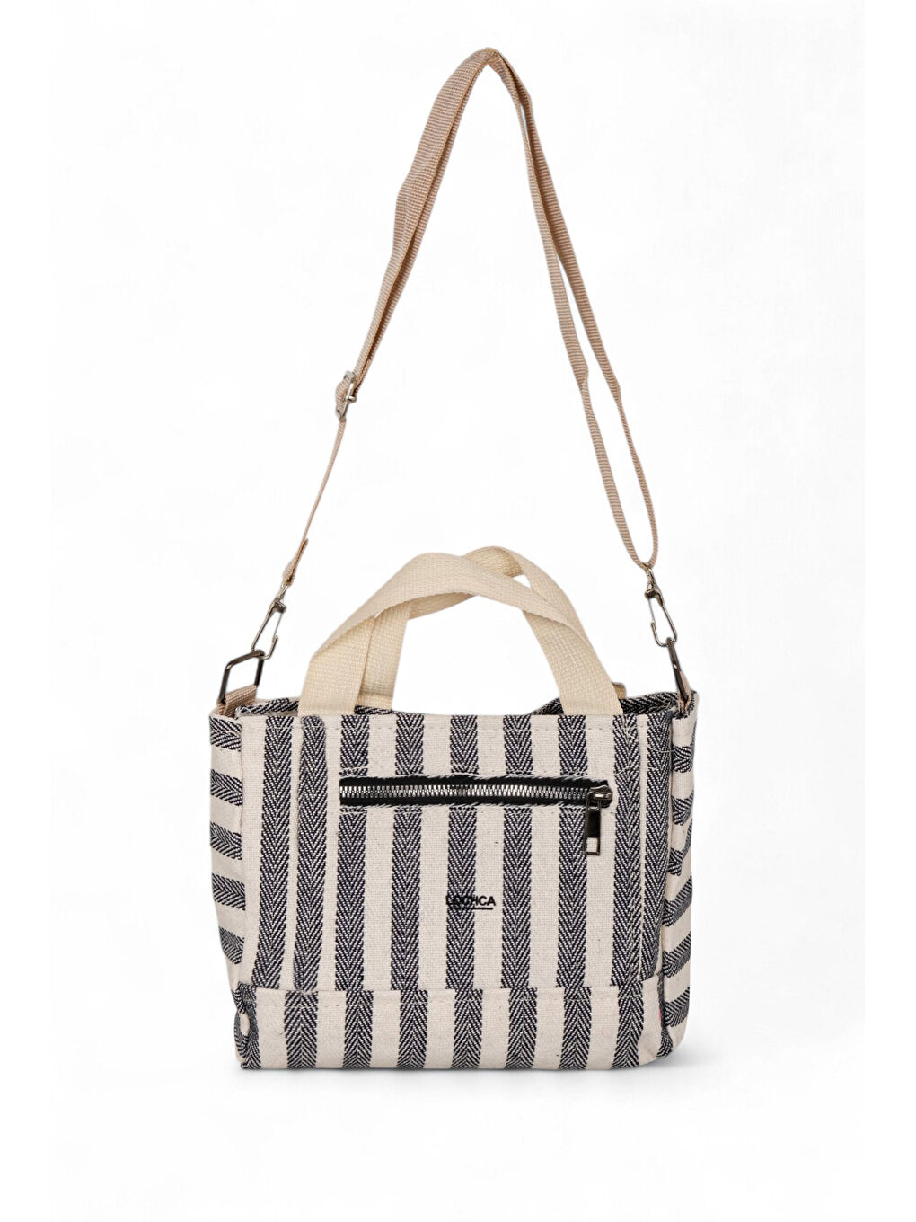 Kadın Gri Kanvas Askılı Önü Fermuarlı El ve Omuz Çantası