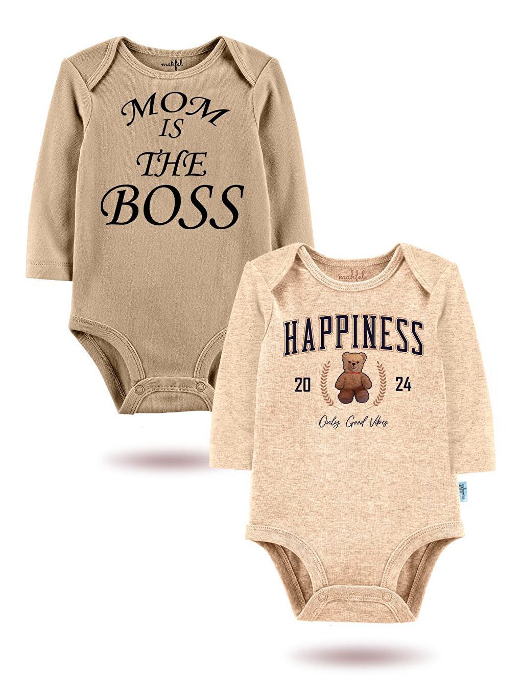 MAHFEL Bej-Kahverengi 2'Li "   MOM İS THE BOSS"Baskılı Uzun Kollu Unisex Bebek Çıtçıtlı Body