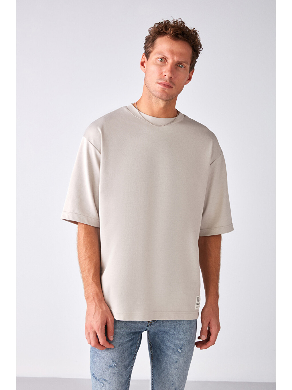 Bej JOEL Erkek %100 Organik Pamuklu Kalın Kumaşlı Özel Dokulu Etiket Detaylı Oversize TAŞ T-Shirt-1