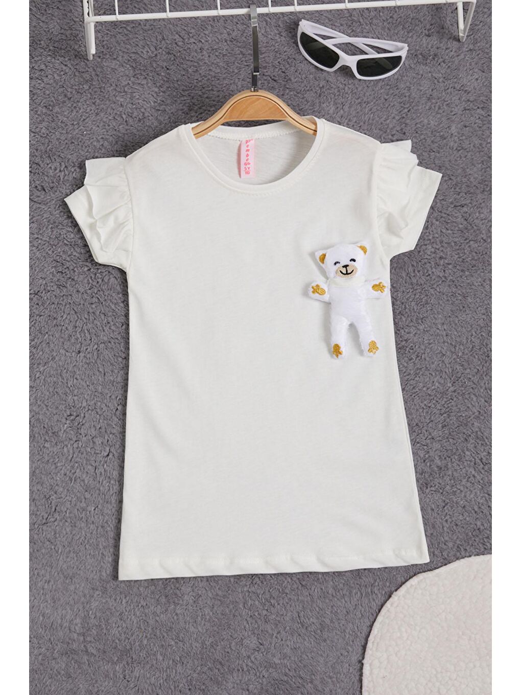Beyaz Pelüş Ayıcıklı Fırfırlı Kız Çocuk T-shirt 15537