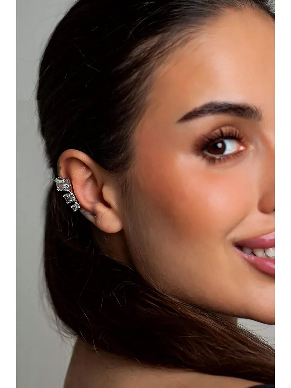 New Obsessions Gri Olmsted 3 Baget Taşlı Geçmeli Kıkırdak Küpe Ear Cuff - 2