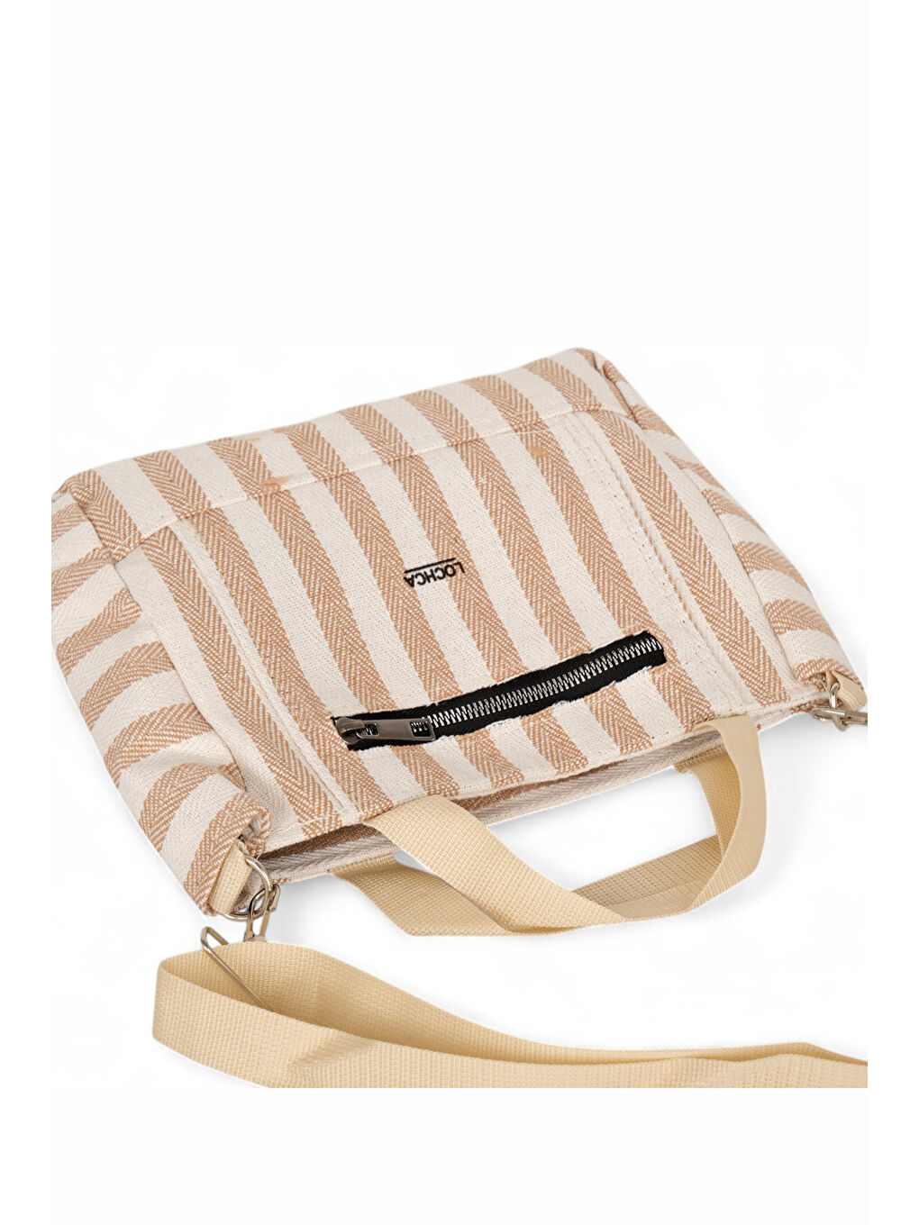 Bej Kadın Vizon Kanvas Askılı Önü Fermuarlı El ve Omuz Çantası-3