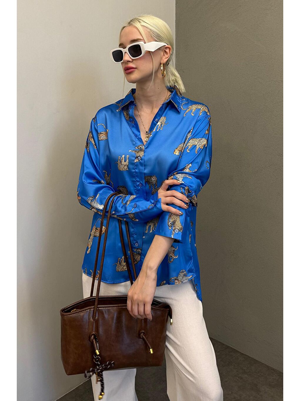 Leoparlı Mavi Saten Gömlek Mg187-1