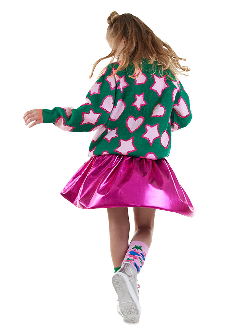 Yıldızlı Kalp Kız Çocuk Yeşil Triko Kazak-1