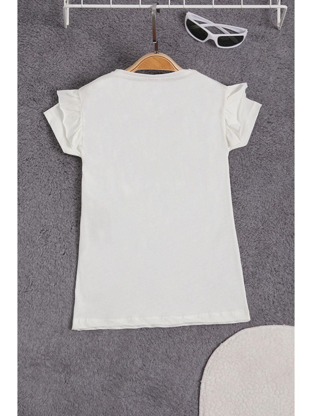 Beyaz Pelüş Ayıcıklı Fırfırlı Kız Çocuk T-shirt 15537-2