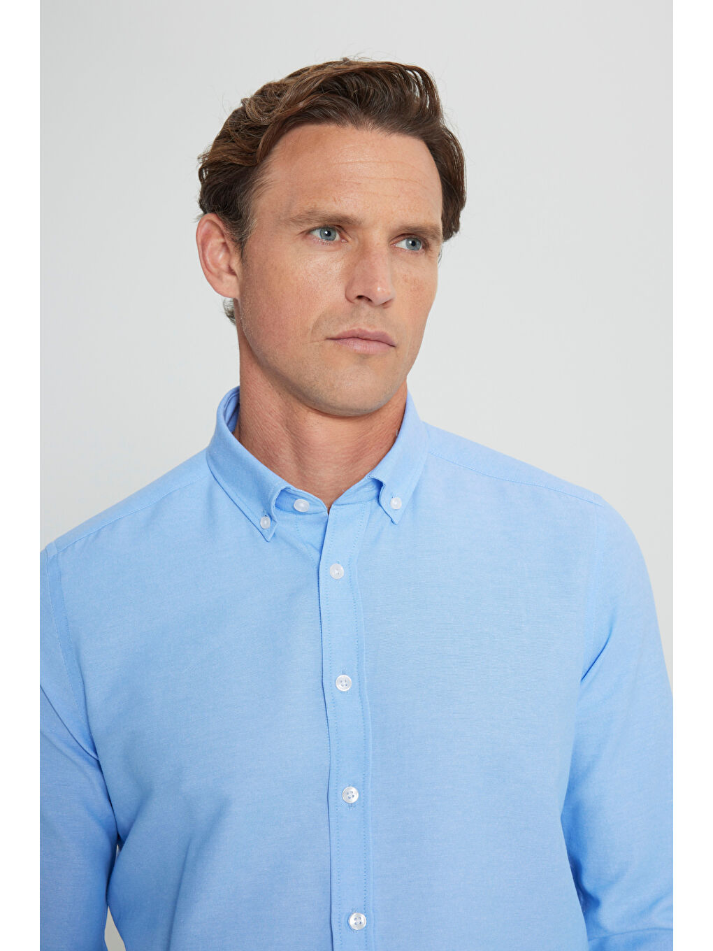 Erkek Mavi Tailored Slim Fit Dar Kesim Düğmeli Yaka Oxford Gömlek-3