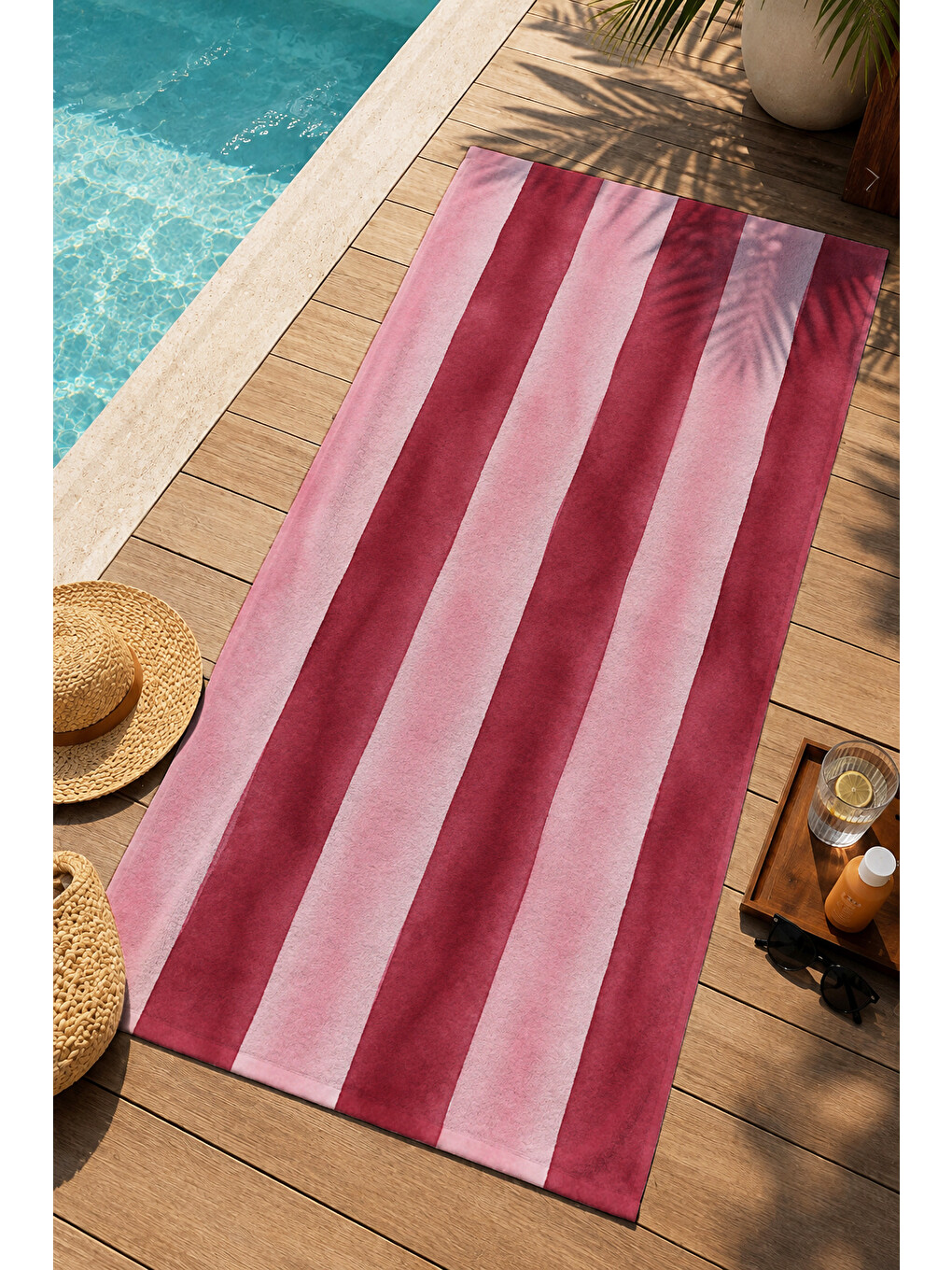 Modern Suluboya Bordo Pembe Dikey Çizgili Desenli 70x150 Plaj Havlusu - Pamuklu Banyo Havlusu