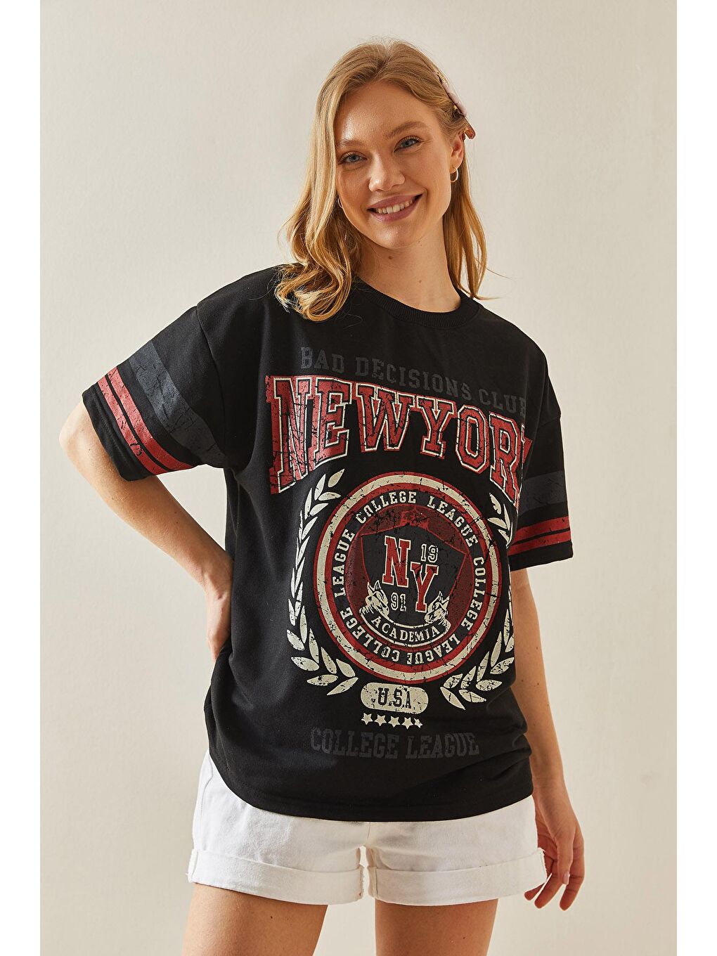 Siyah Baskılı Bisiklet Yaka Oversize Tişört 5YXK1-48006-02-1