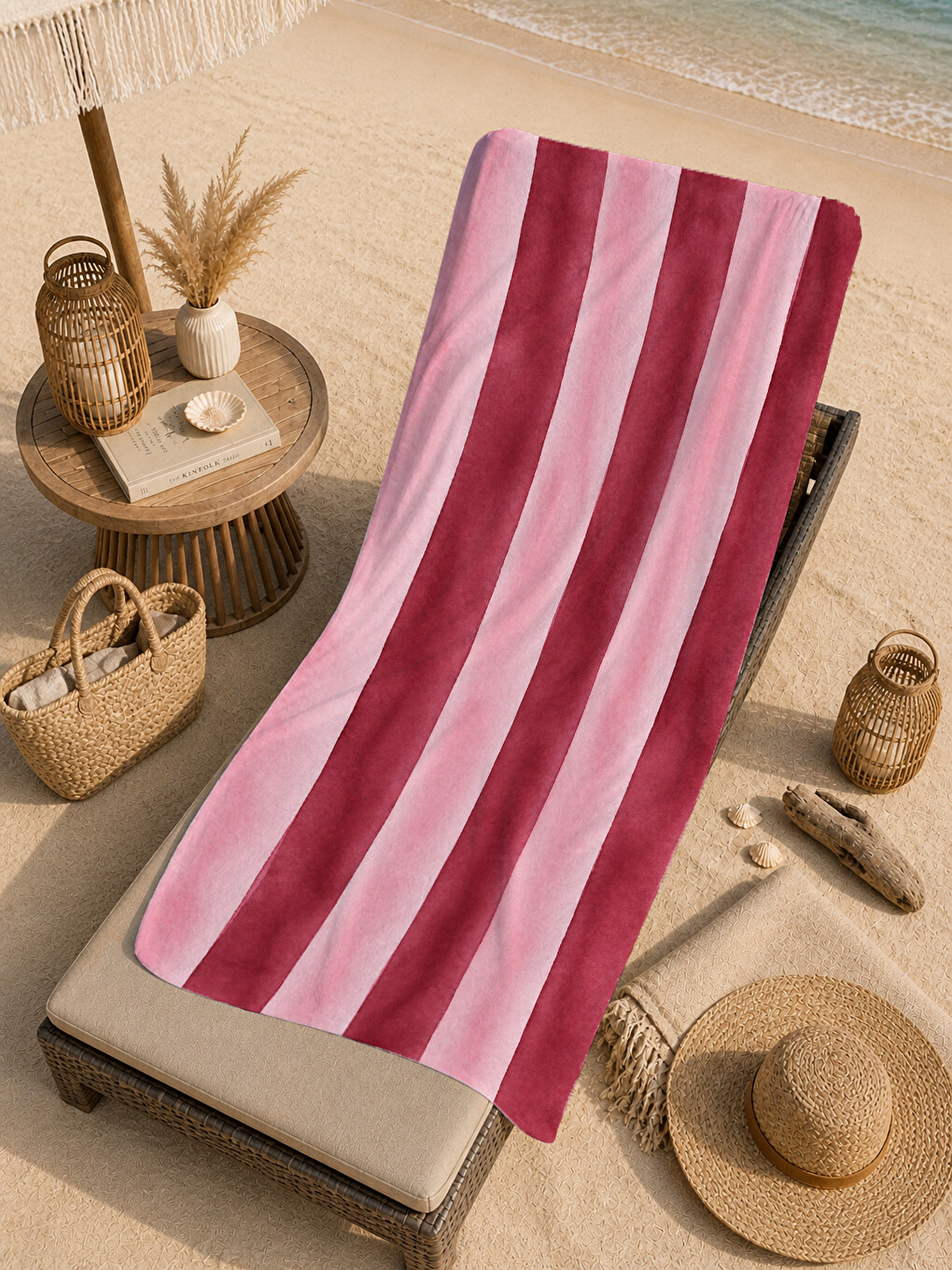 Modern Suluboya Bordo Pembe Dikey Çizgili Desenli 70x150 Plaj Havlusu - Pamuklu Banyo Havlusu-1