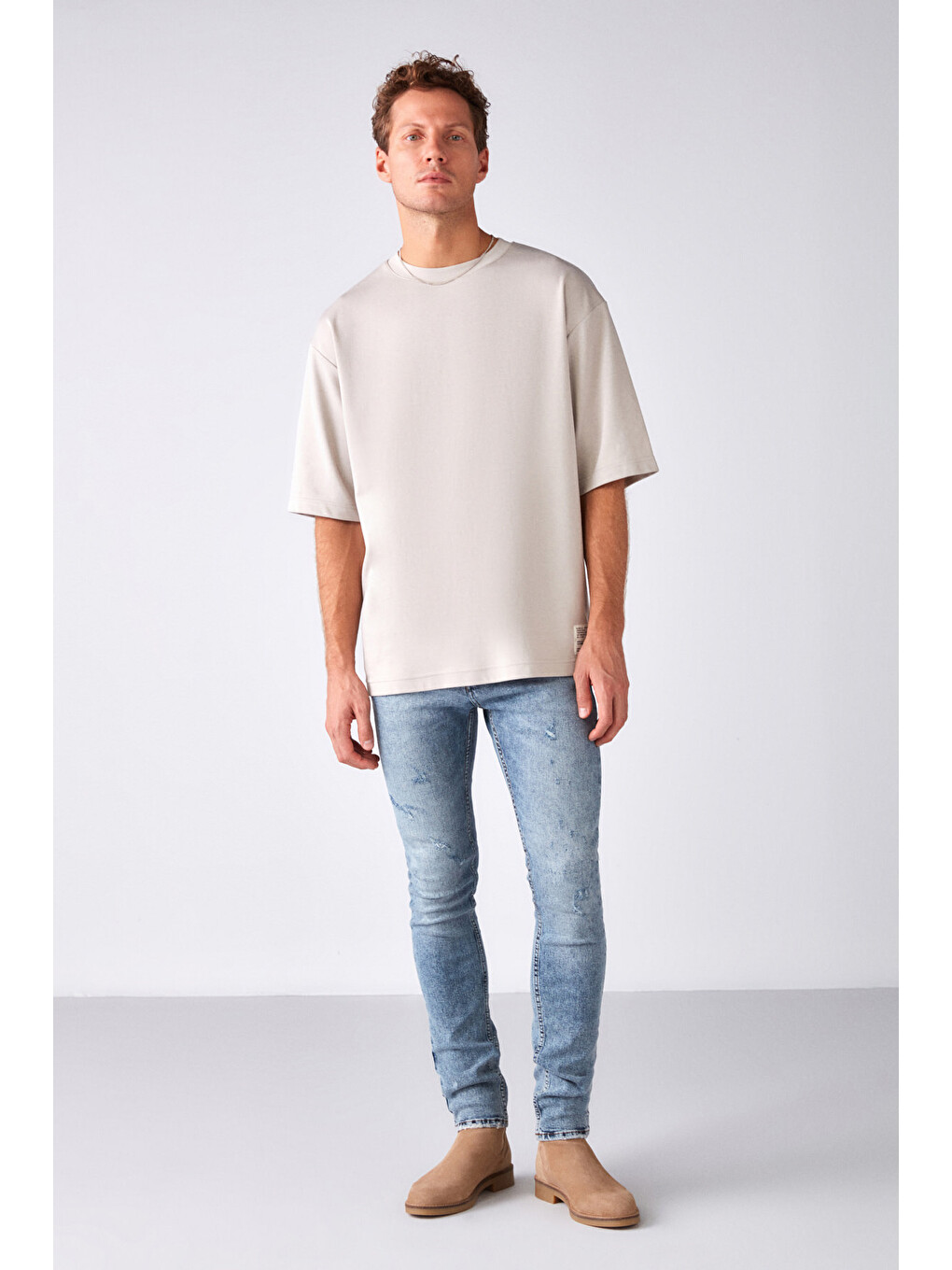 Bej JOEL Erkek %100 Organik Pamuklu Kalın Kumaşlı Özel Dokulu Etiket Detaylı Oversize TAŞ T-Shirt-3