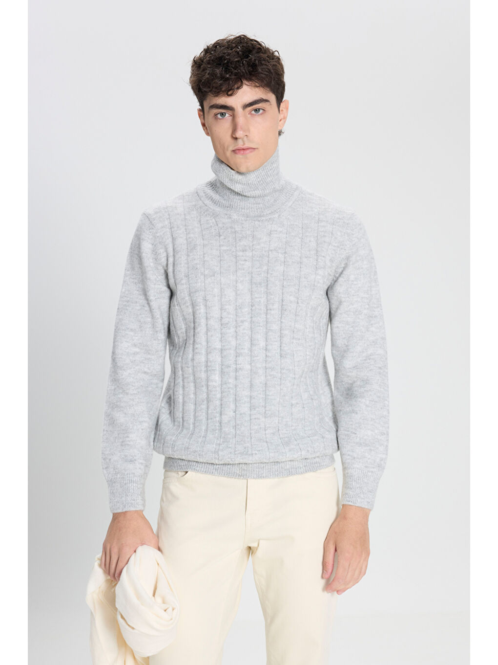 Erkek Gri Melanj Standart Fit Normal Kesim Tam Balıkçı Yaka Jakarlı Triko Kazak-3