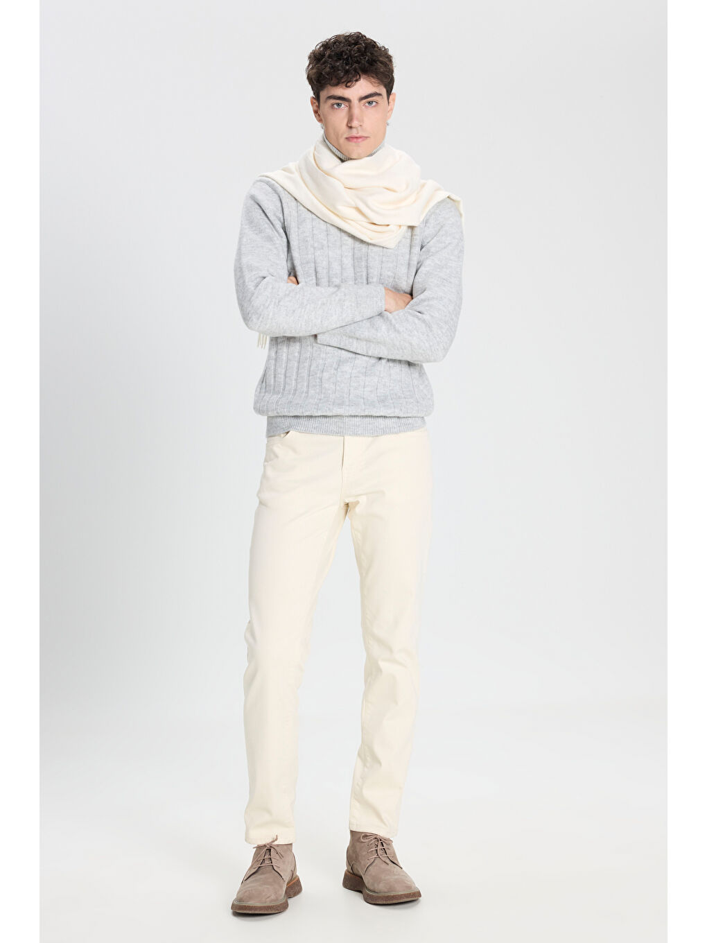 Erkek Gri Melanj Standart Fit Normal Kesim Tam Balıkçı Yaka Jakarlı Triko Kazak-5