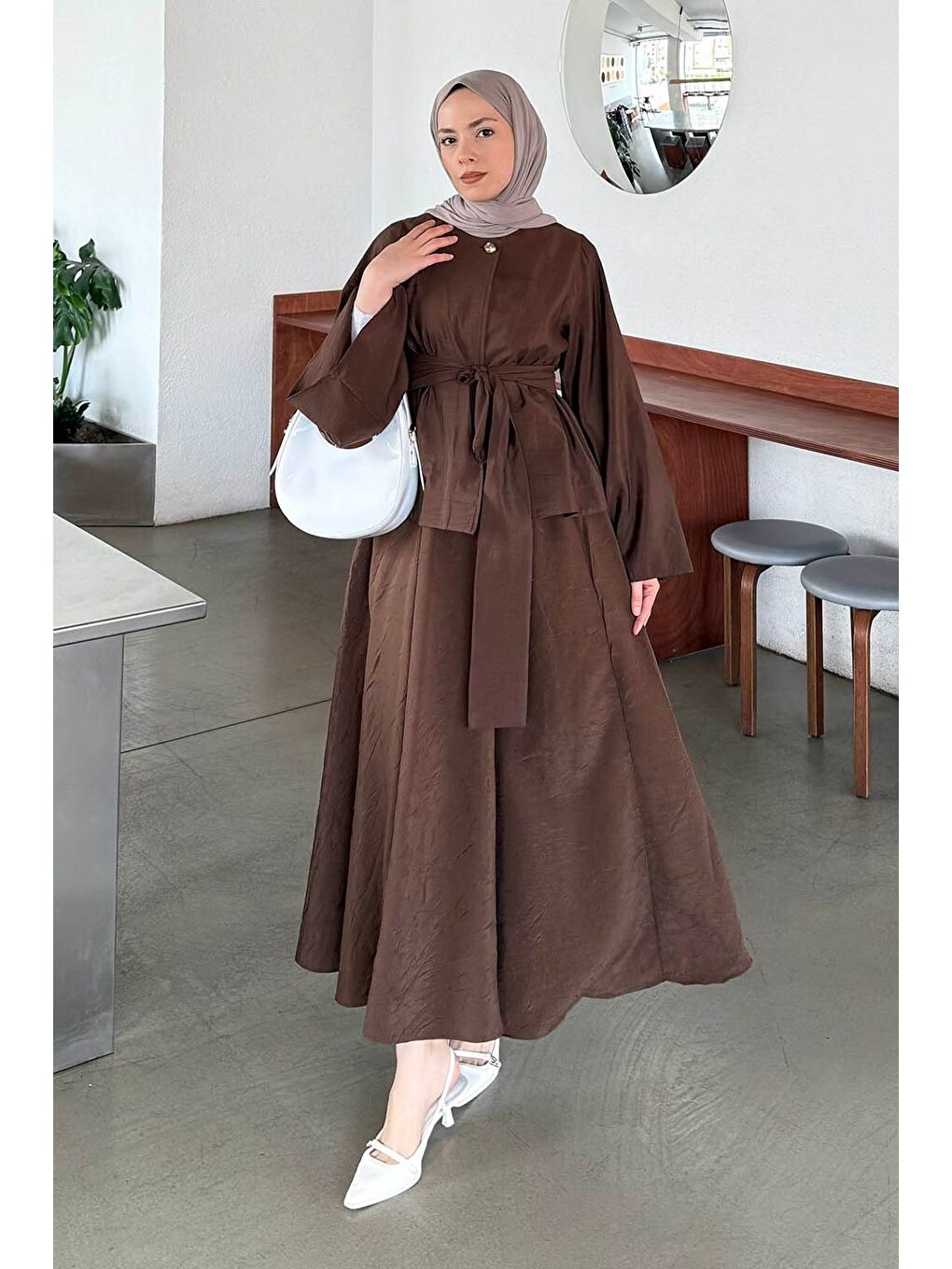 Bağcıklı Etek-Bluz İkili Takım Acı Kahverengi