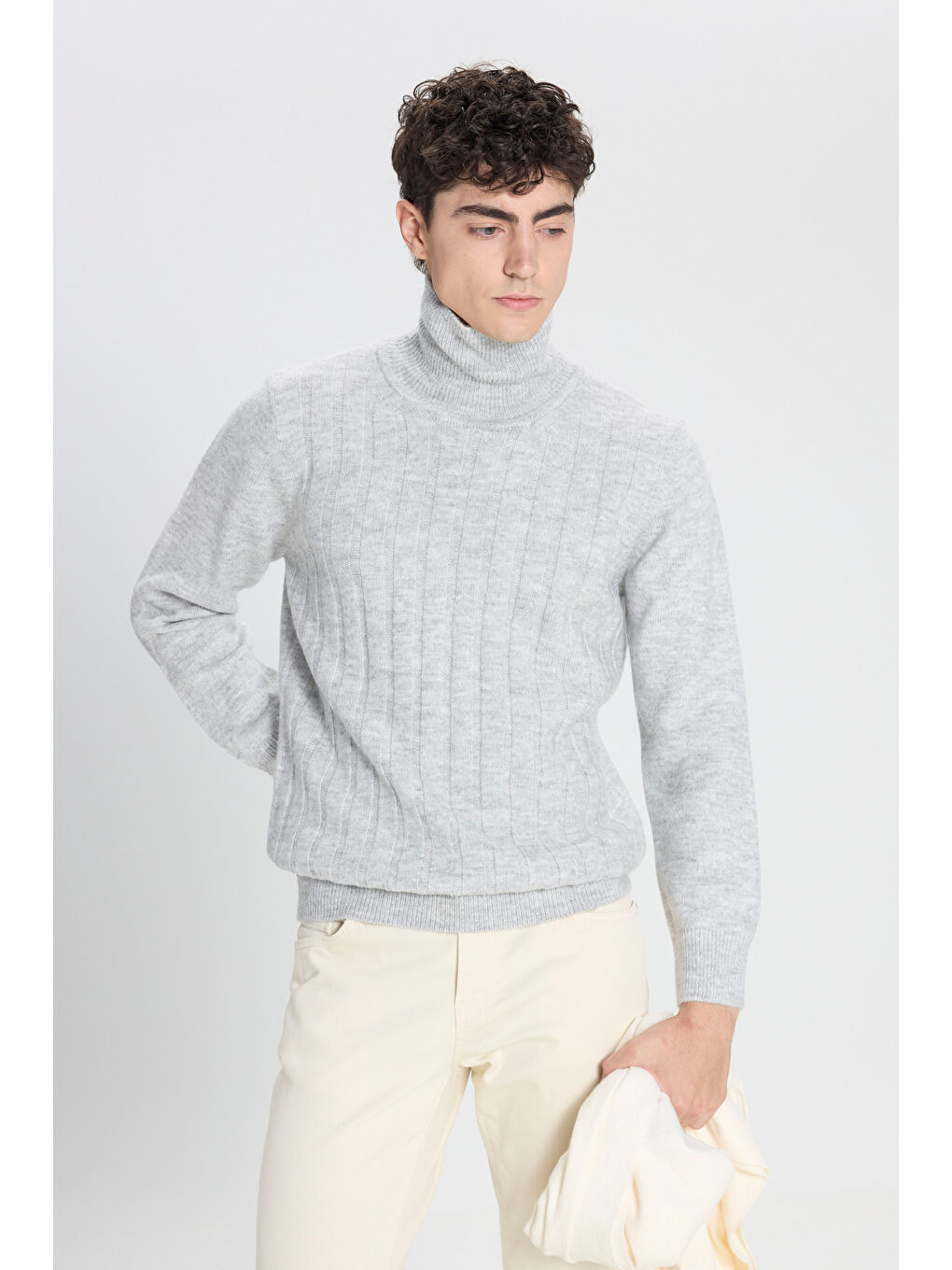 Erkek Gri Melanj Standart Fit Normal Kesim Tam Balıkçı Yaka Jakarlı Triko Kazak-6