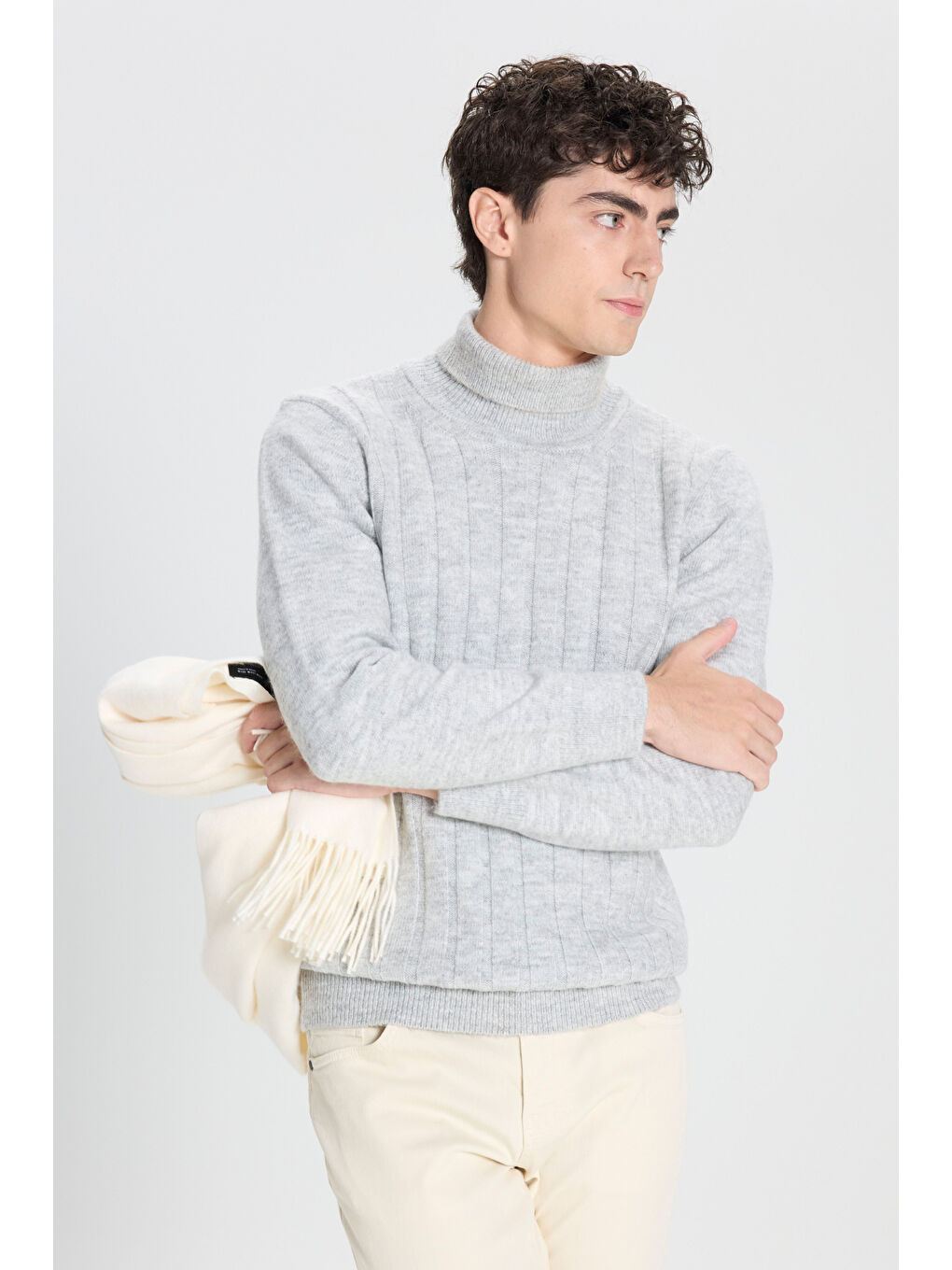 Erkek Gri Melanj Standart Fit Normal Kesim Tam Balıkçı Yaka Jakarlı Triko Kazak-7