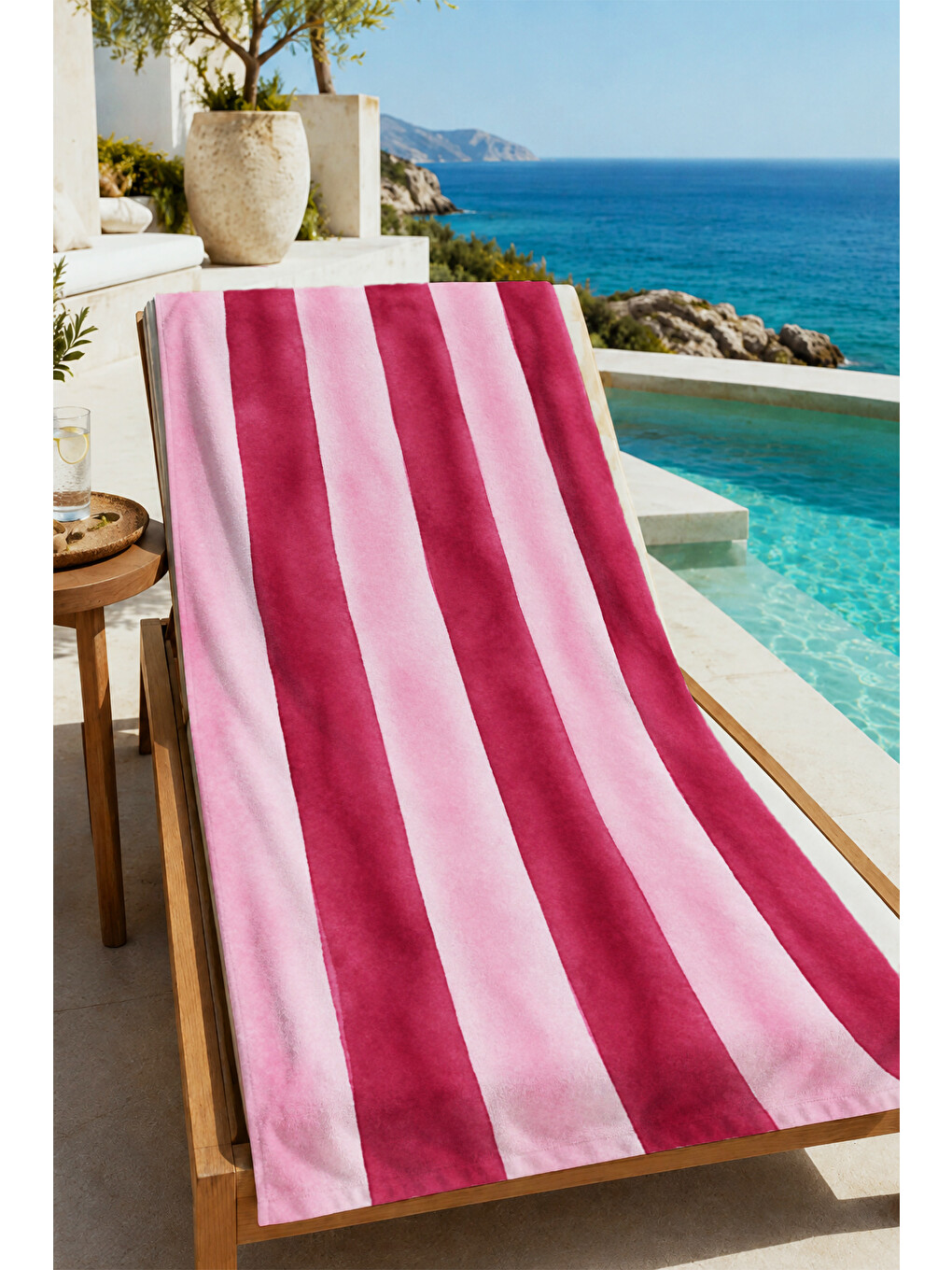 Modern Suluboya Bordo Pembe Dikey Çizgili Desenli 70x150 Plaj Havlusu - Pamuklu Banyo Havlusu-4