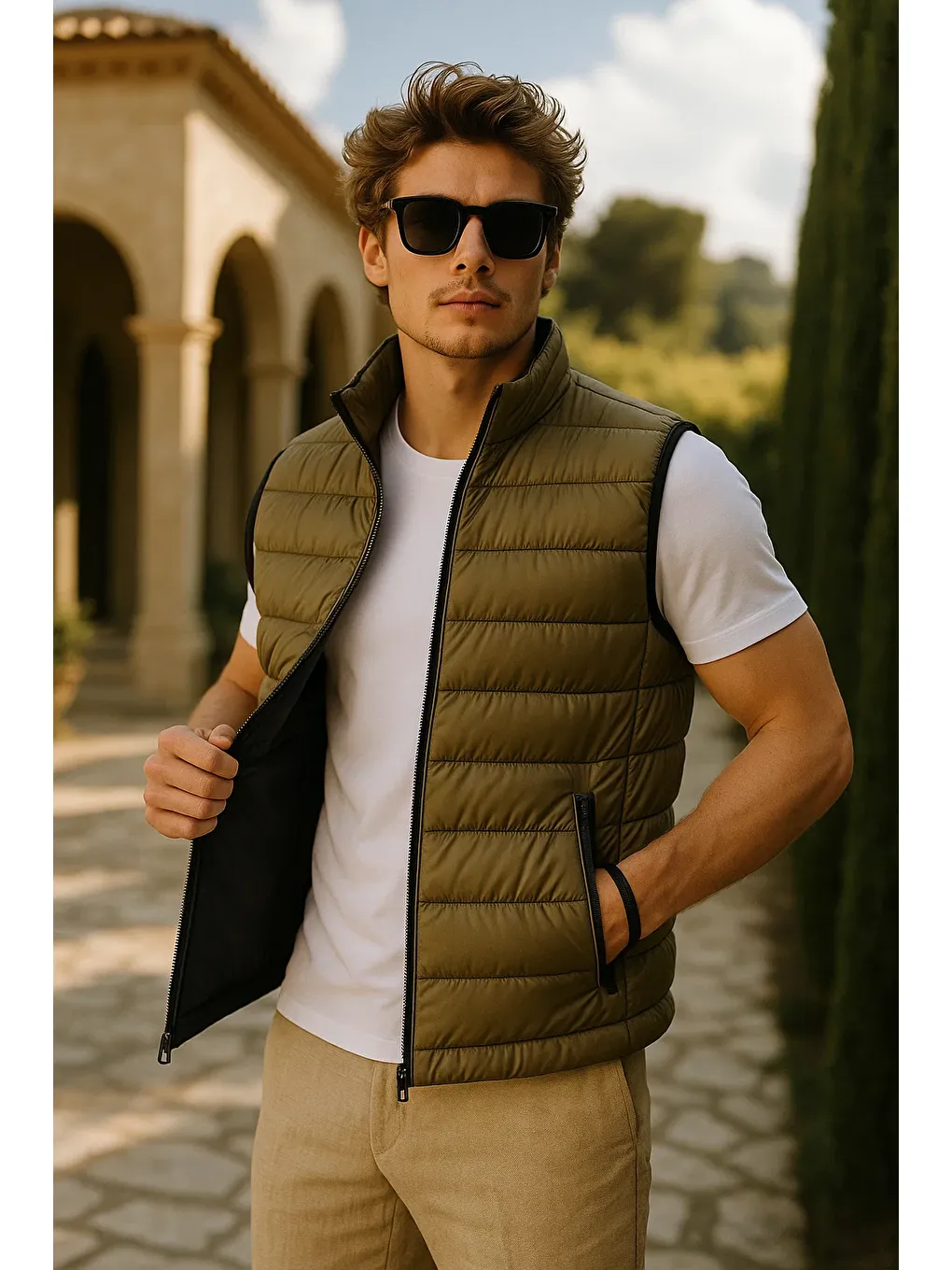 Erkek Kışlık Premium Trend Fermuarlı Haki Şişme Yelek-1