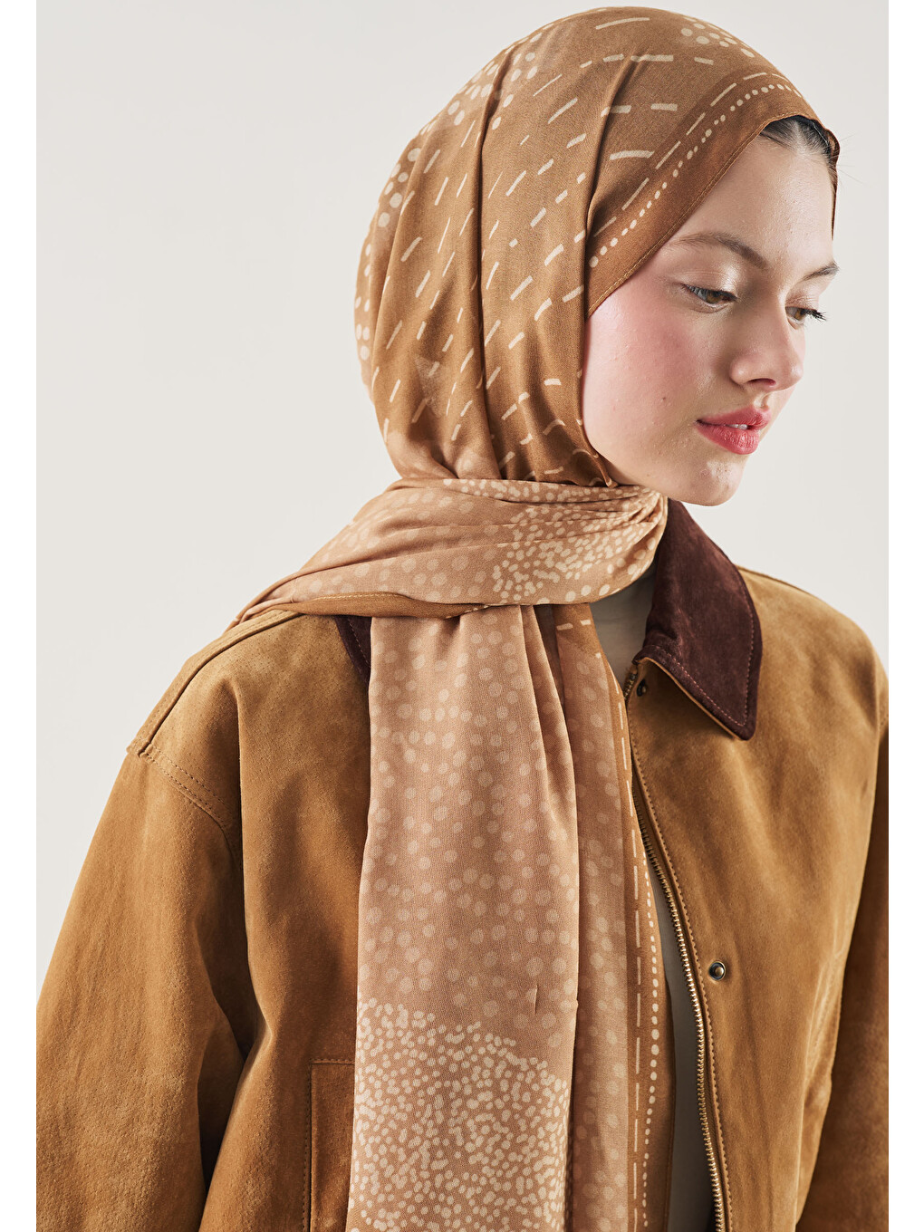 Kahverengi Dot Elegance Desen Rami Şal Sıcak Kahve-2