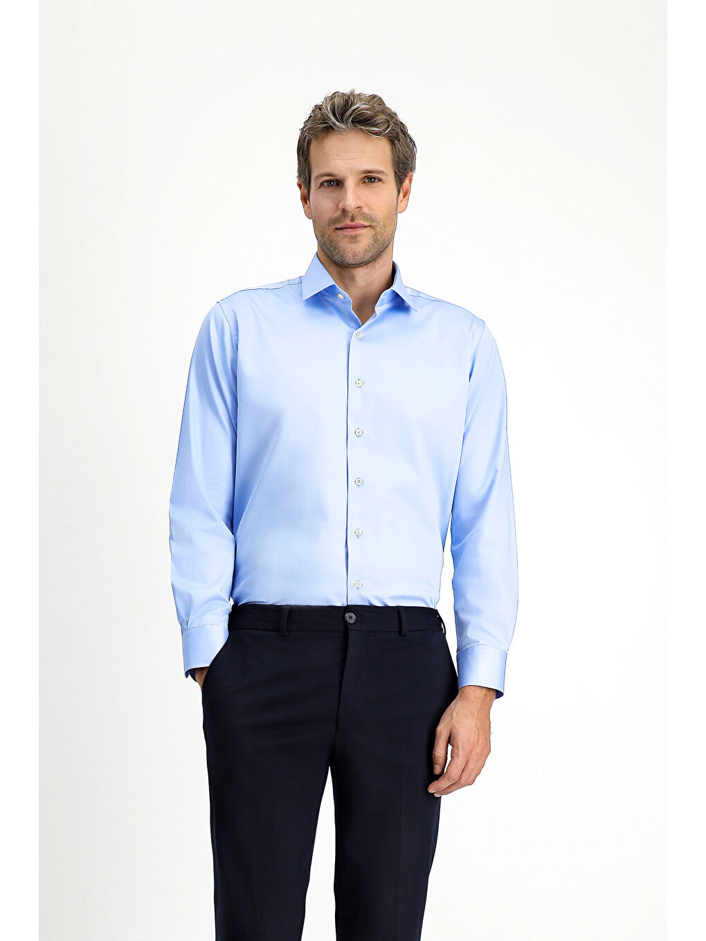 Mavi Uzun Kol Klasik Pamuk Gömlek-1