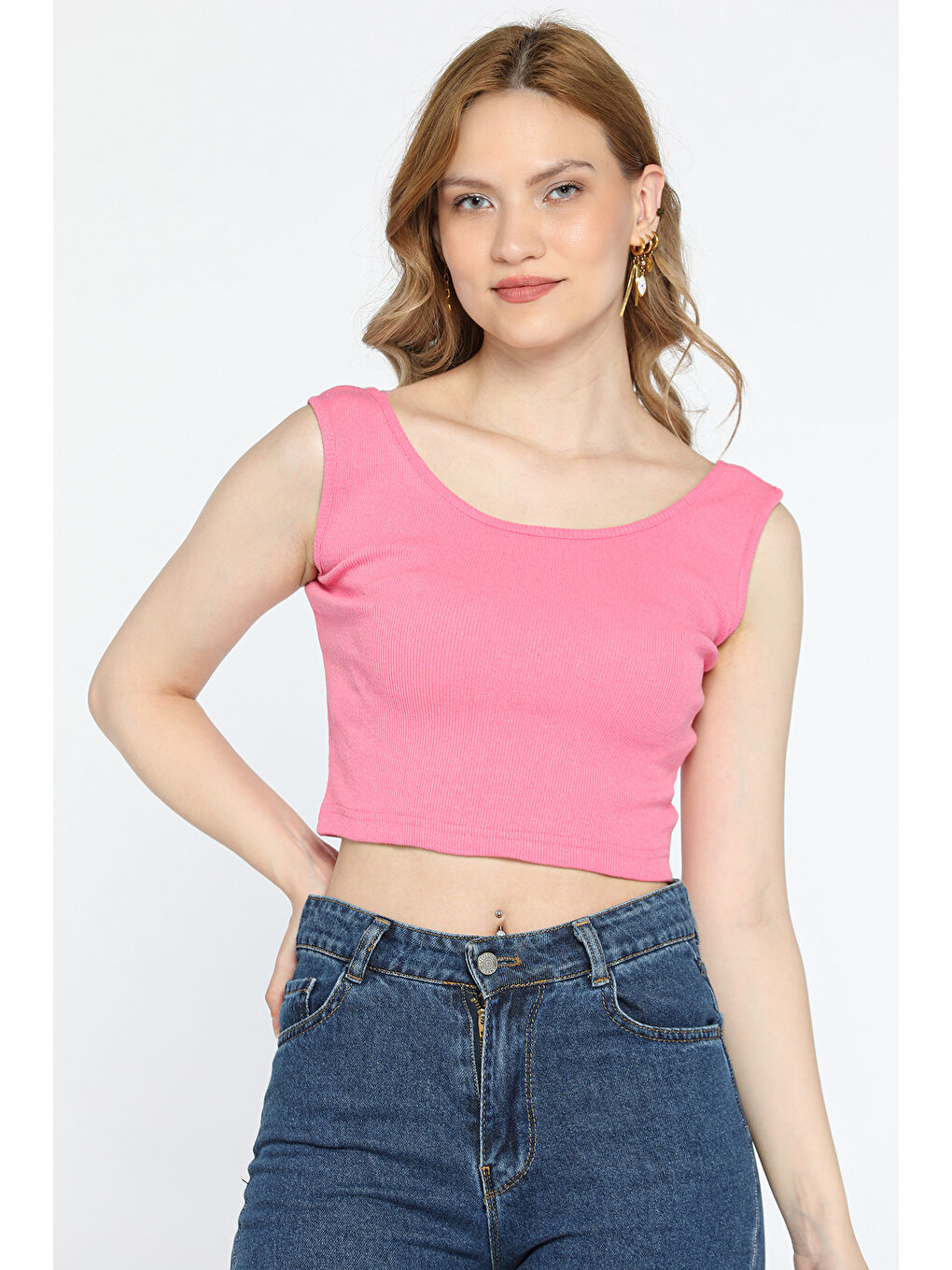 GÜLSELİ Pembe Kalın Askılı Elastanlı Kadın Kaşkorse Crop Tops Bluz