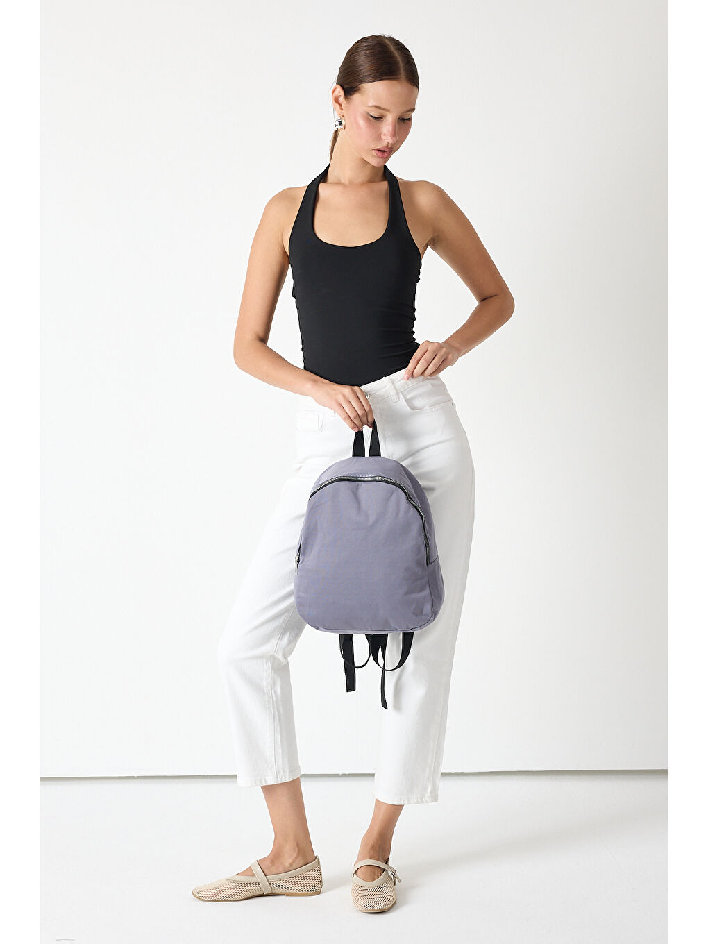 Gri Kadın Füme Minimal Tasarım Kumaş Sırt Çantası-2