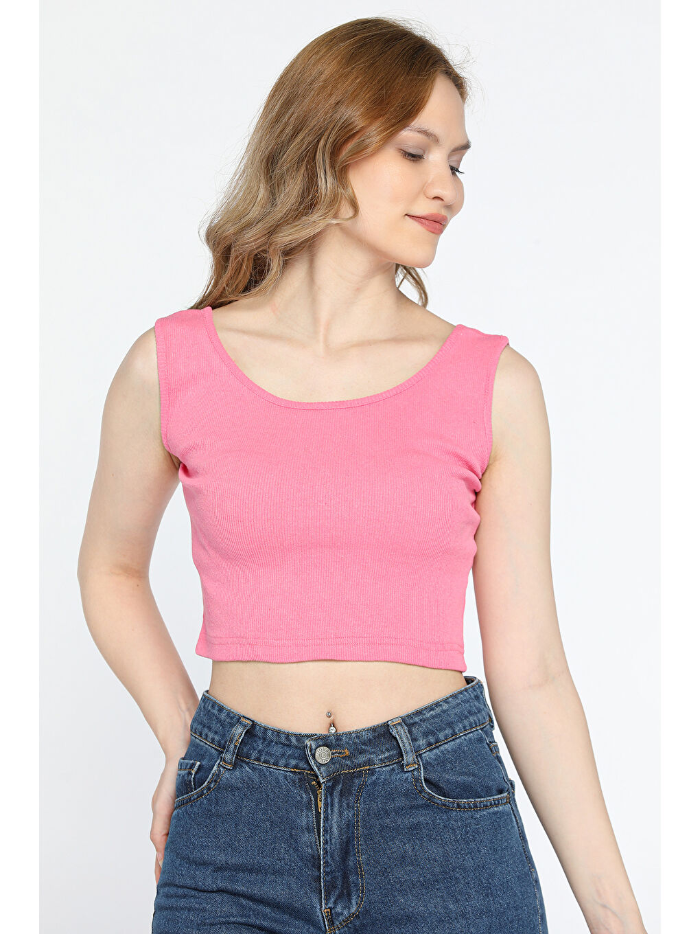 GÜLSELİ Pembe Kalın Askılı Elastanlı Kadın Kaşkorse Crop Tops Bluz - 1