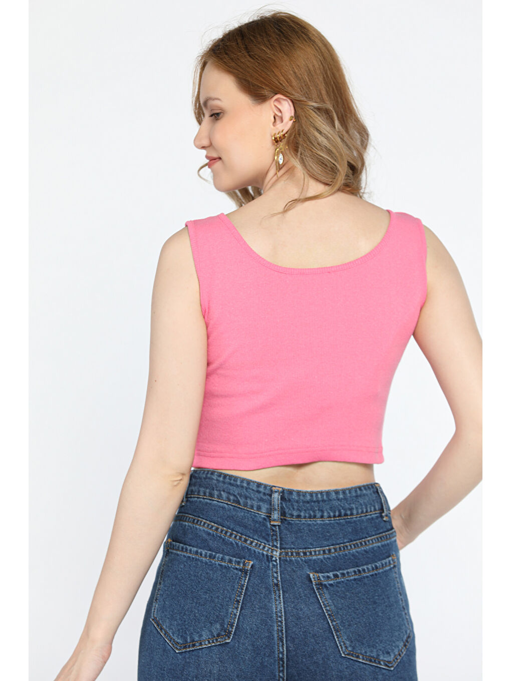 GÜLSELİ Pembe Kalın Askılı Elastanlı Kadın Kaşkorse Crop Tops Bluz - 2