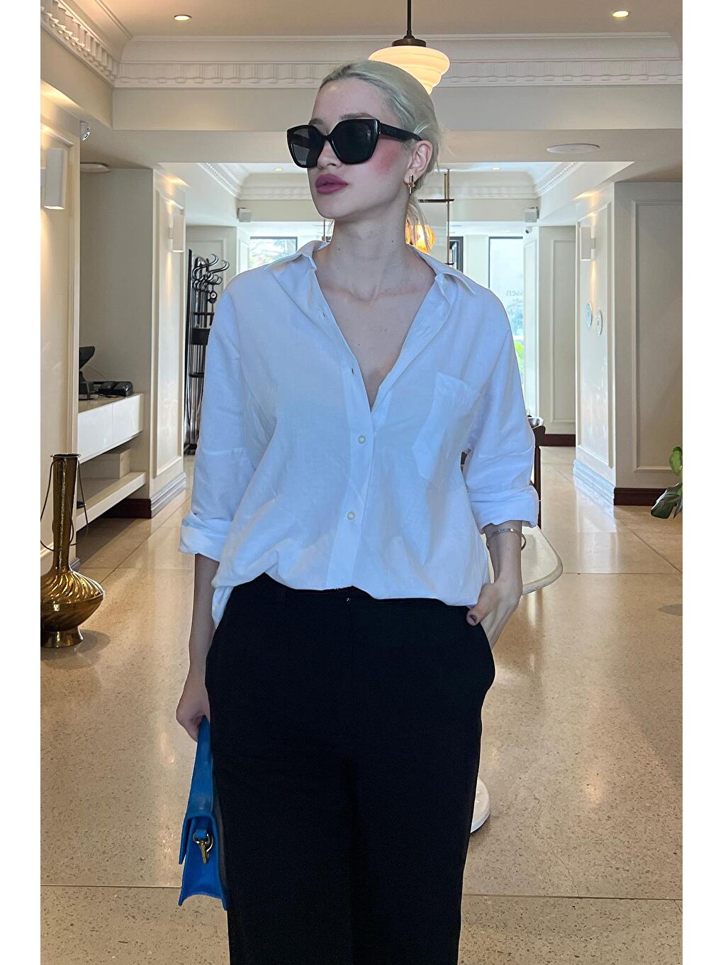 Beyaz Oversize Basic Cepli Poplin Gömlek Mg1530-1