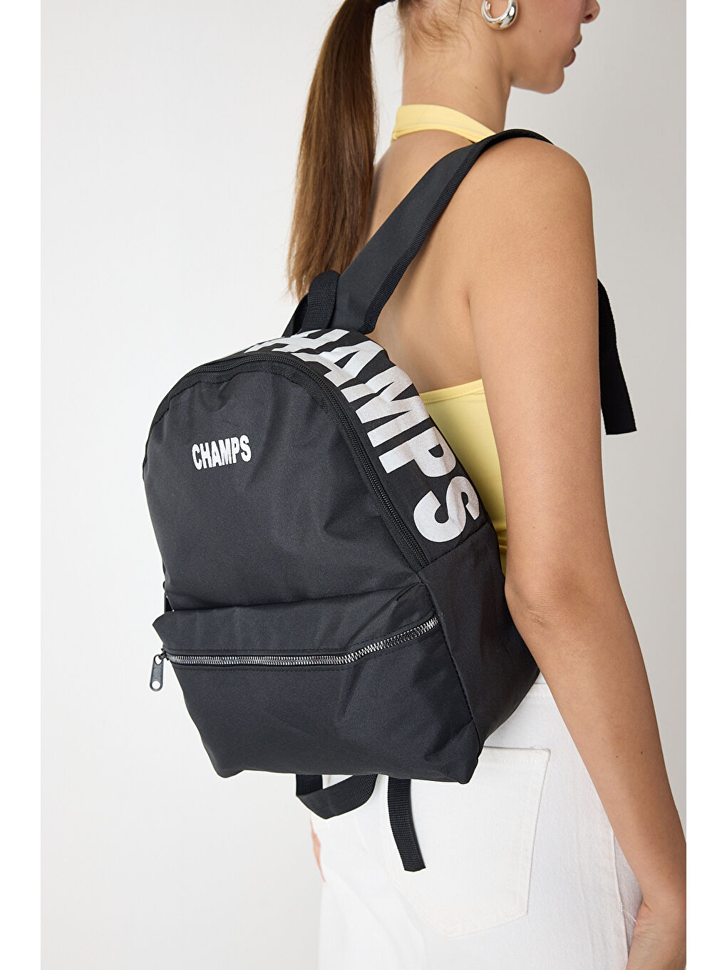 Kadın Siyah Önü Fermuarlı Baskılı Kumaş Sırt Çantası