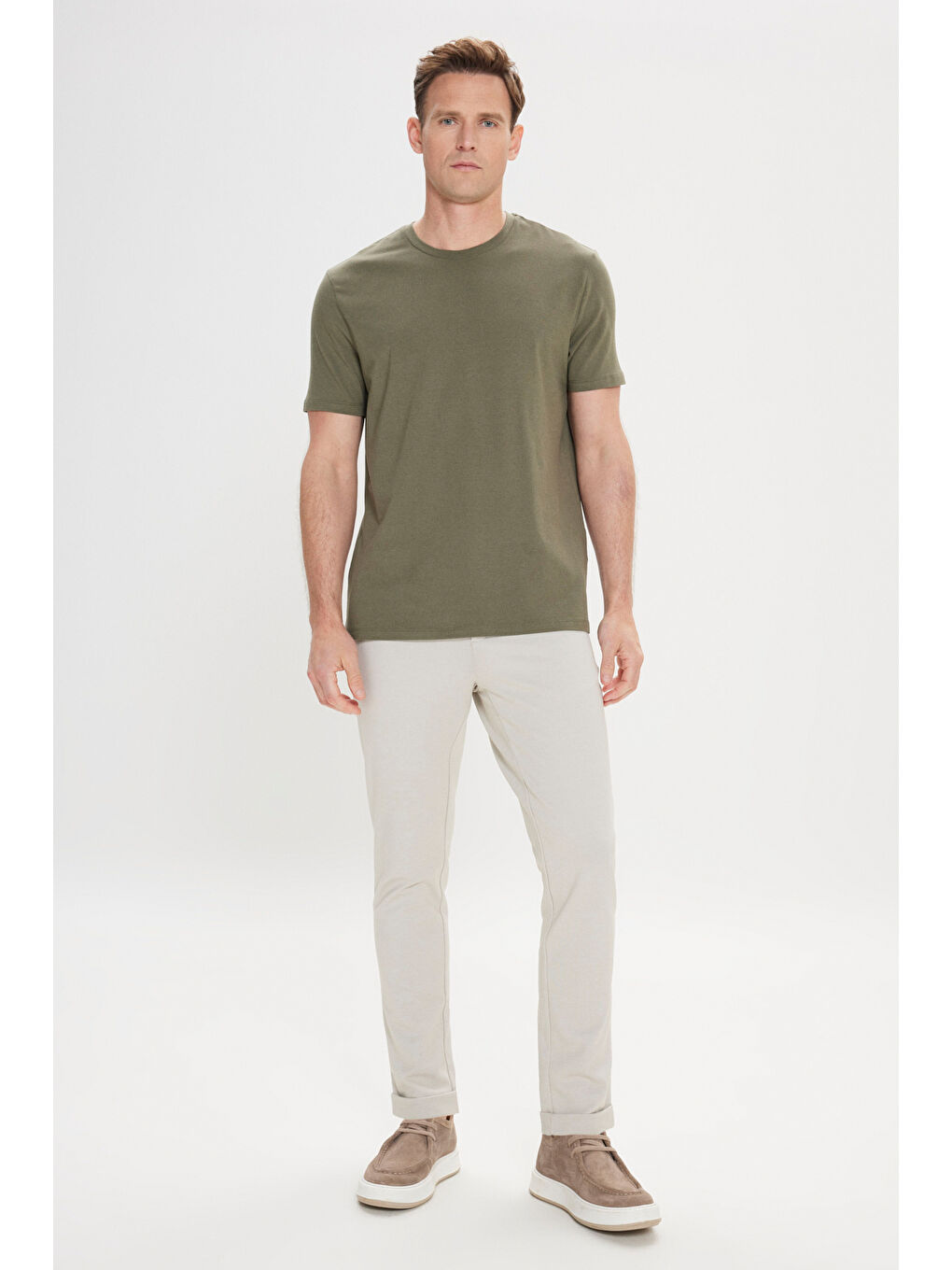 Erkek Haki Normal Kesim Bisiklet Yaka Pamuklu Tişört-1