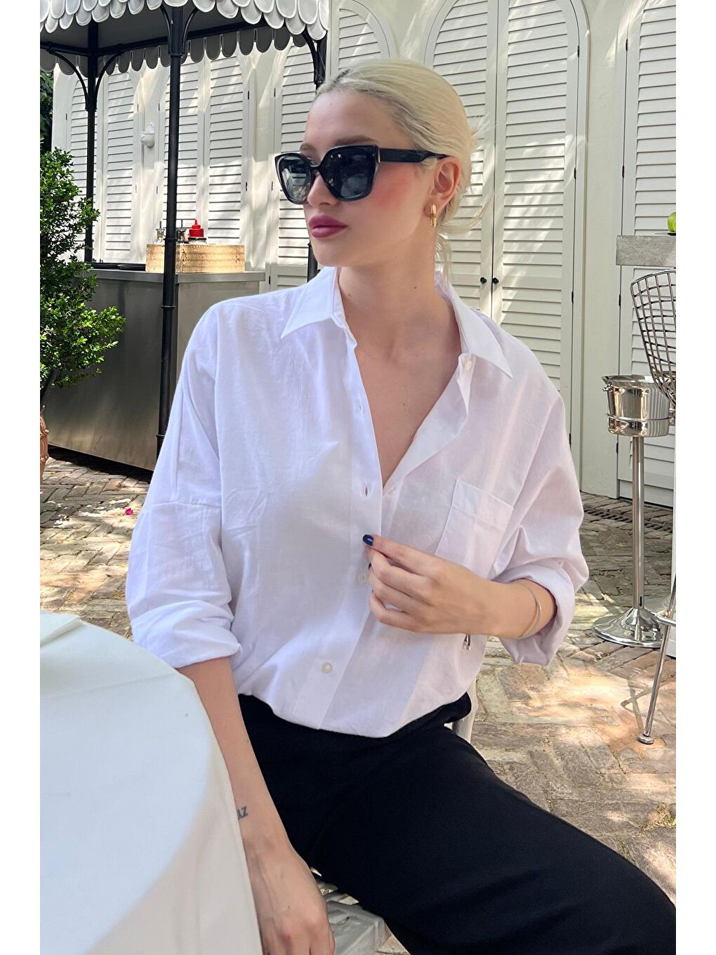 Beyaz Oversize Basic Cepli Poplin Gömlek Mg1530-2