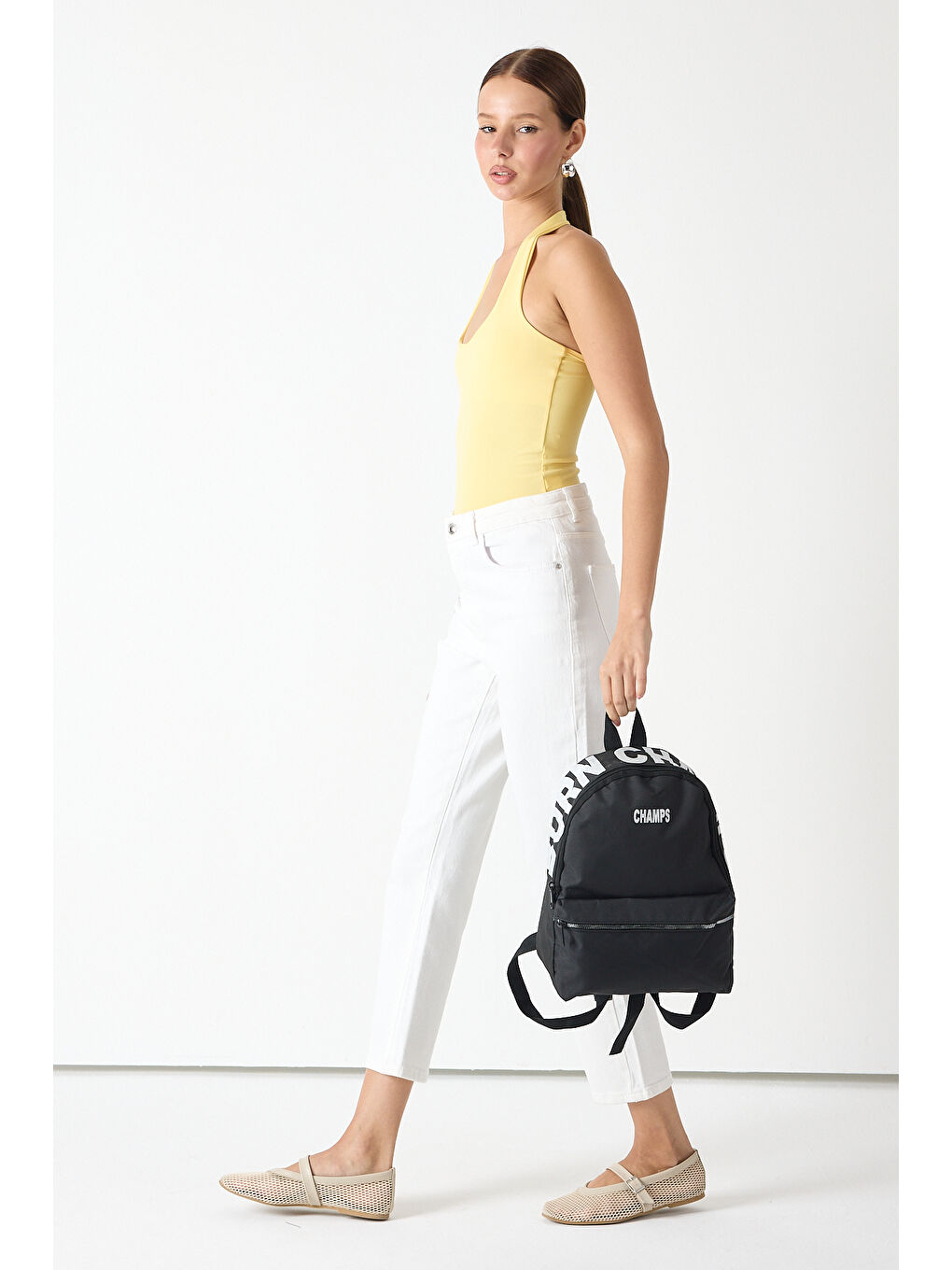 Kadın Siyah Önü Fermuarlı Baskılı Kumaş Sırt Çantası-1