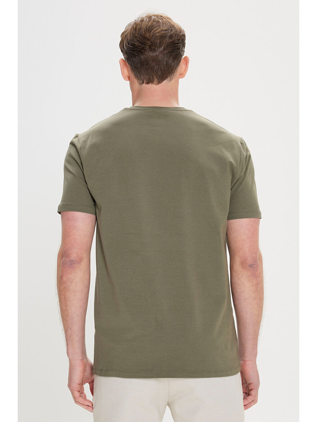 Erkek Haki Normal Kesim Bisiklet Yaka Pamuklu Tişört-3