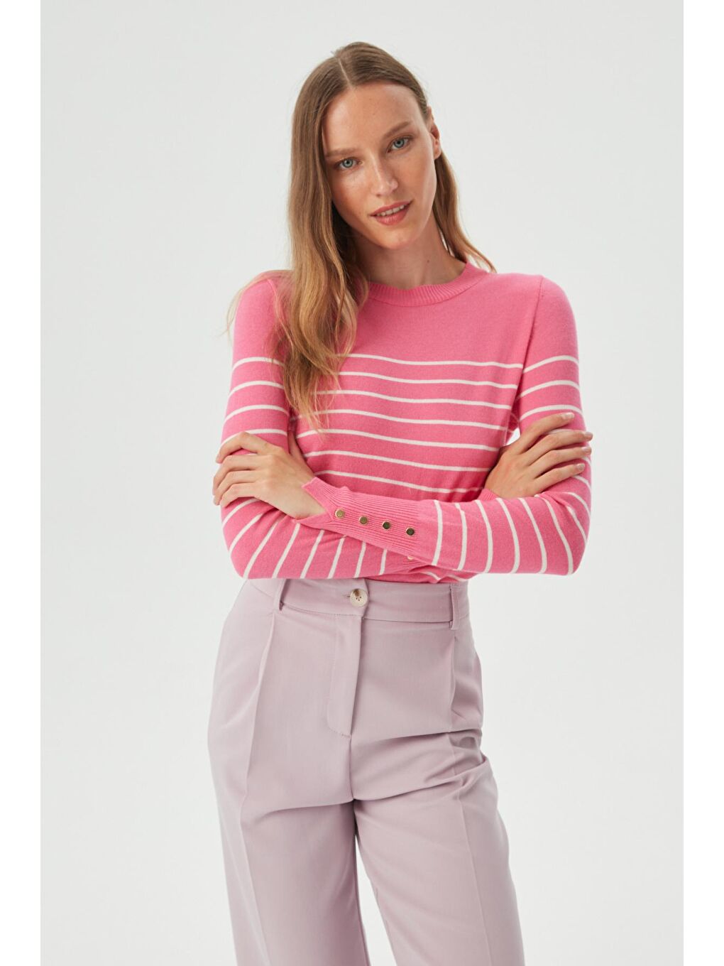 Kadın Fuşya Kolu Aksesuar Detylı Çizgili Bisiklet Yaka Triko Kazak