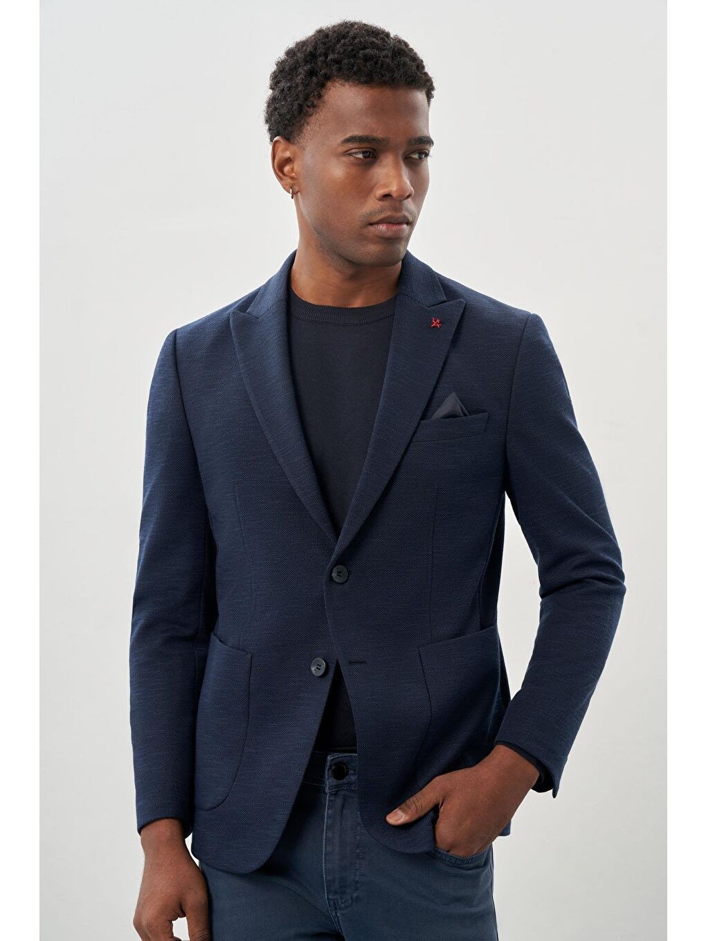 Koyu Lacivert Örme Kılıç Yaka 6 Drop Slim Fit Ceket 1002245155-2