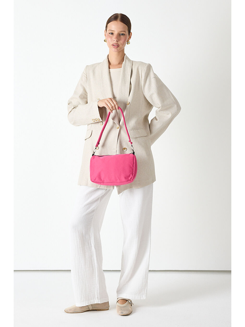 Kadın Fuşya Minimal Tasarım Kumaş Baget Omuz Çantası-1