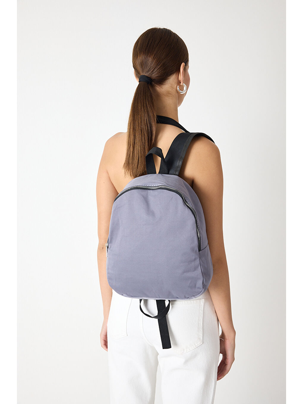 Gri Kadın Füme Minimal Tasarım Kumaş Sırt Çantası-4