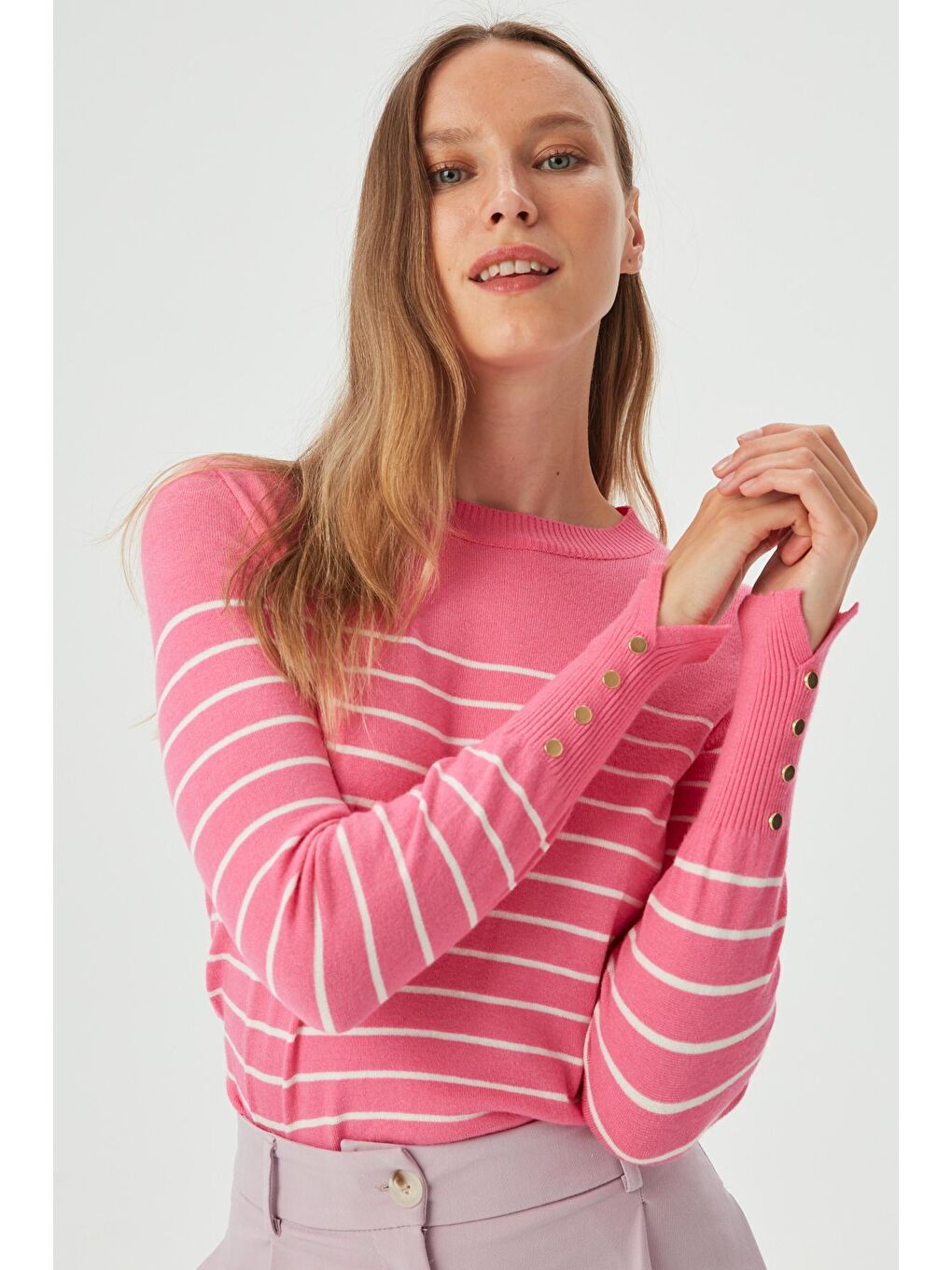 Kadın Fuşya Kolu Aksesuar Detylı Çizgili Bisiklet Yaka Triko Kazak-1