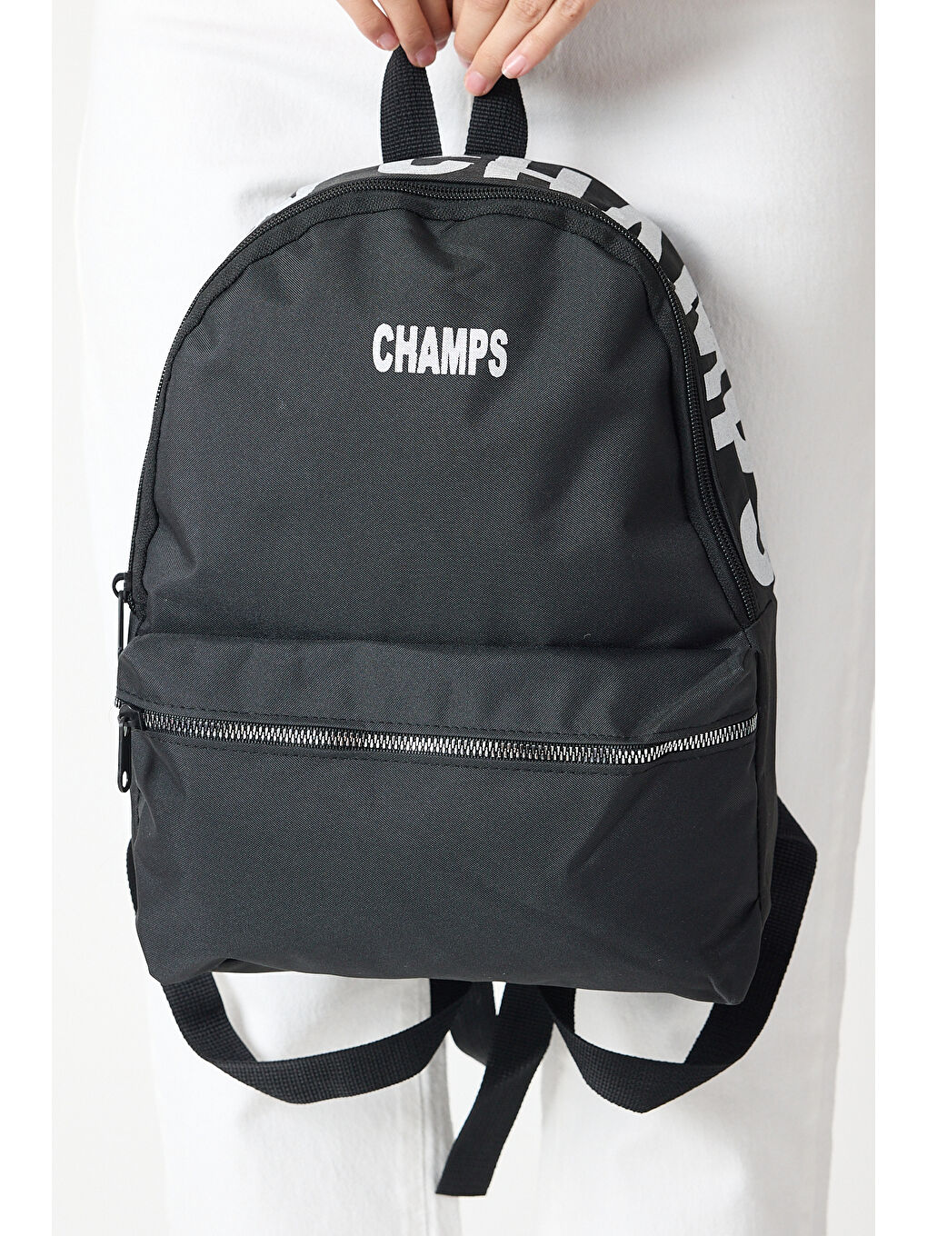 Kadın Siyah Önü Fermuarlı Baskılı Kumaş Sırt Çantası-2