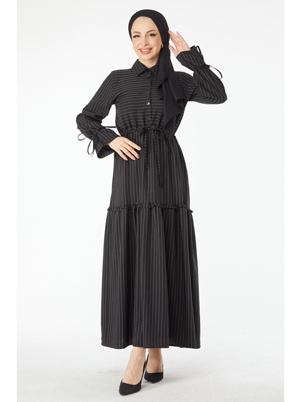 Gömlek Yaka Kadın Siyah Çizgili Bağcık Detaylı Elbise - 24508