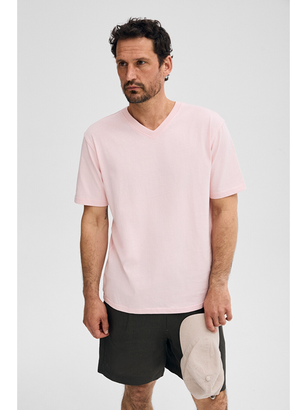 Pembe ALMERI Erkek %100 Pamuk Yumuşak Kumaşlı V Yakalı PEMBE T-Shirt-2