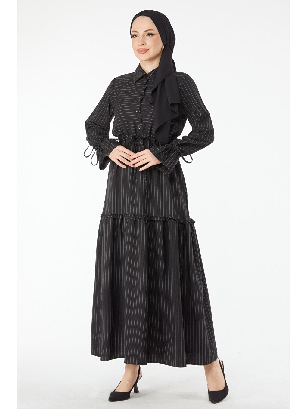 Gömlek Yaka Kadın Siyah Çizgili Bağcık Detaylı Elbise - 24508-1