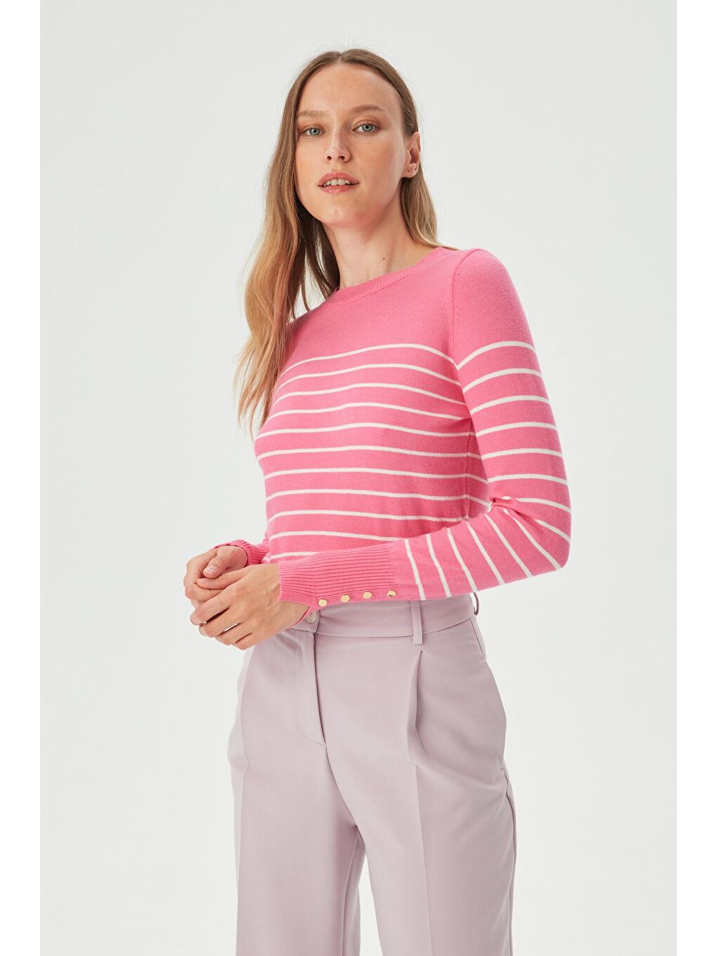 Kadın Fuşya Kolu Aksesuar Detylı Çizgili Bisiklet Yaka Triko Kazak-2