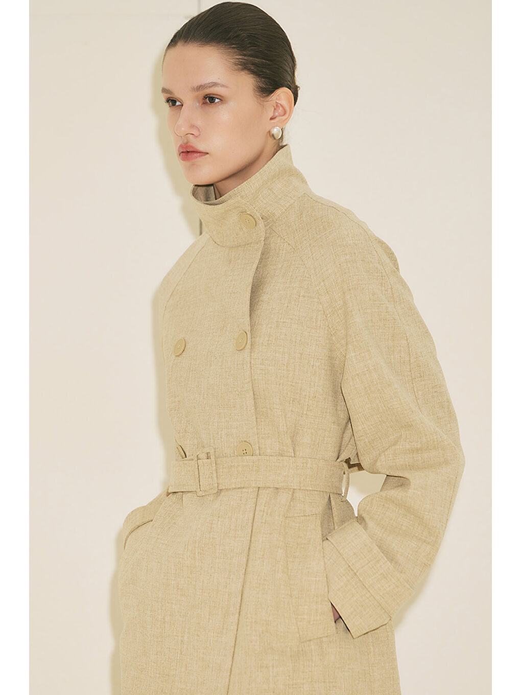 Kahverengi Yüksek Yaka Kemerli Trençkot Sütlü Kahve-1