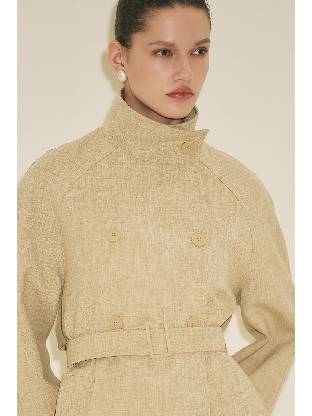 Kahverengi Yüksek Yaka Kemerli Trençkot Sütlü Kahve-2