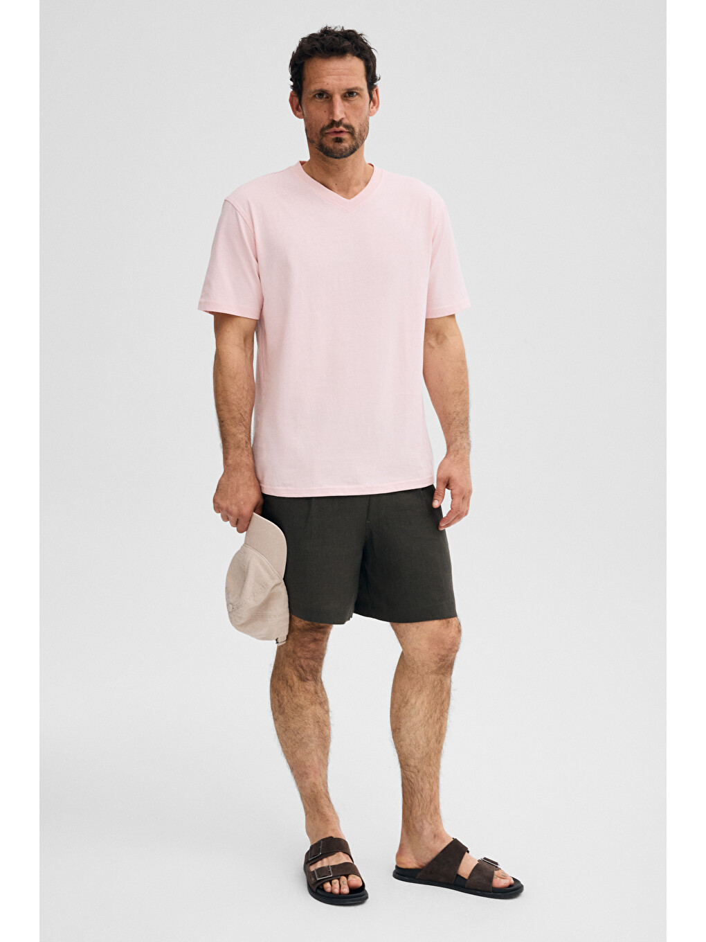 Pembe ALMERI Erkek %100 Pamuk Yumuşak Kumaşlı V Yakalı PEMBE T-Shirt-3