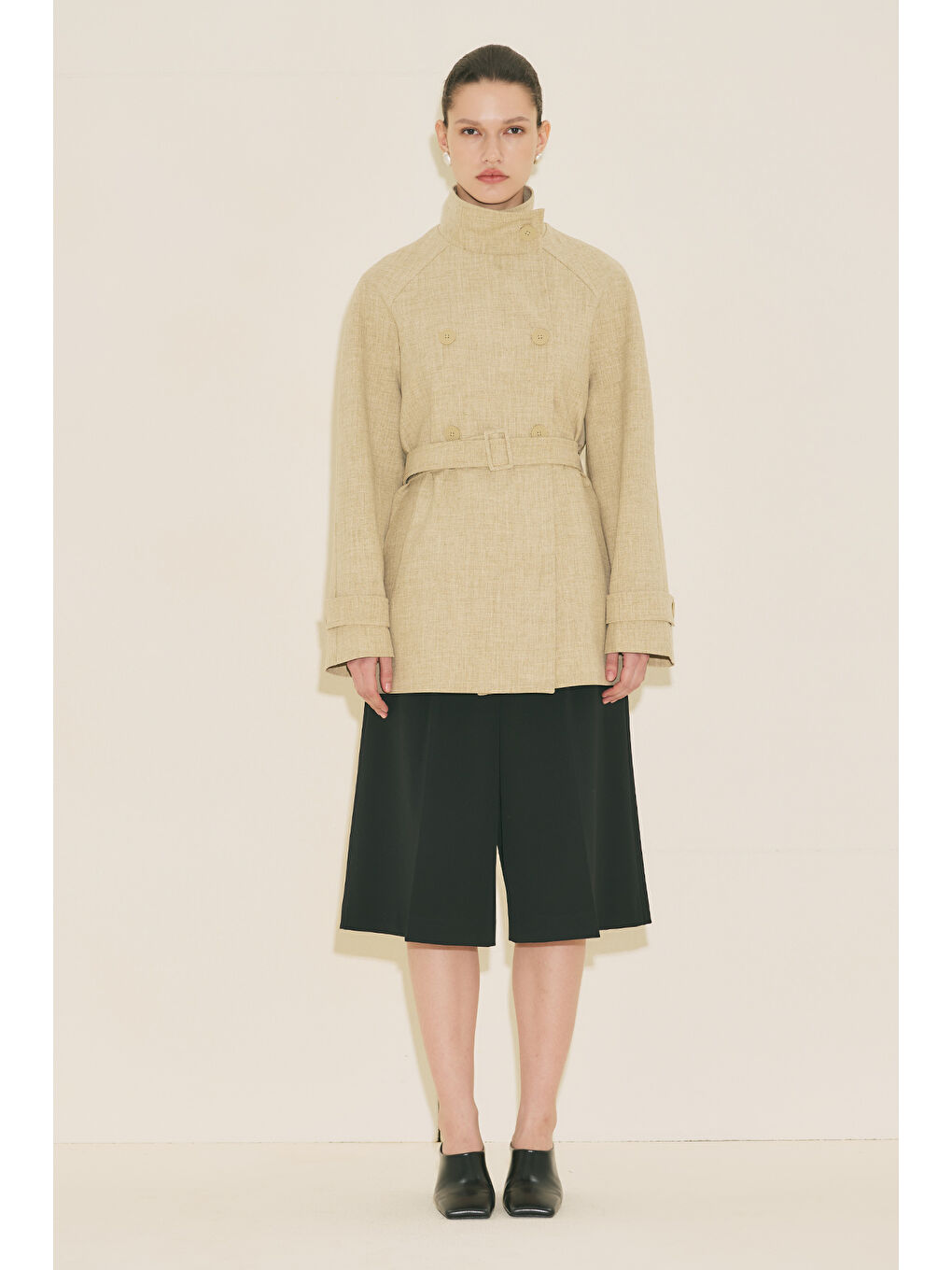 Kahverengi Yüksek Yaka Kemerli Trençkot Sütlü Kahve-4