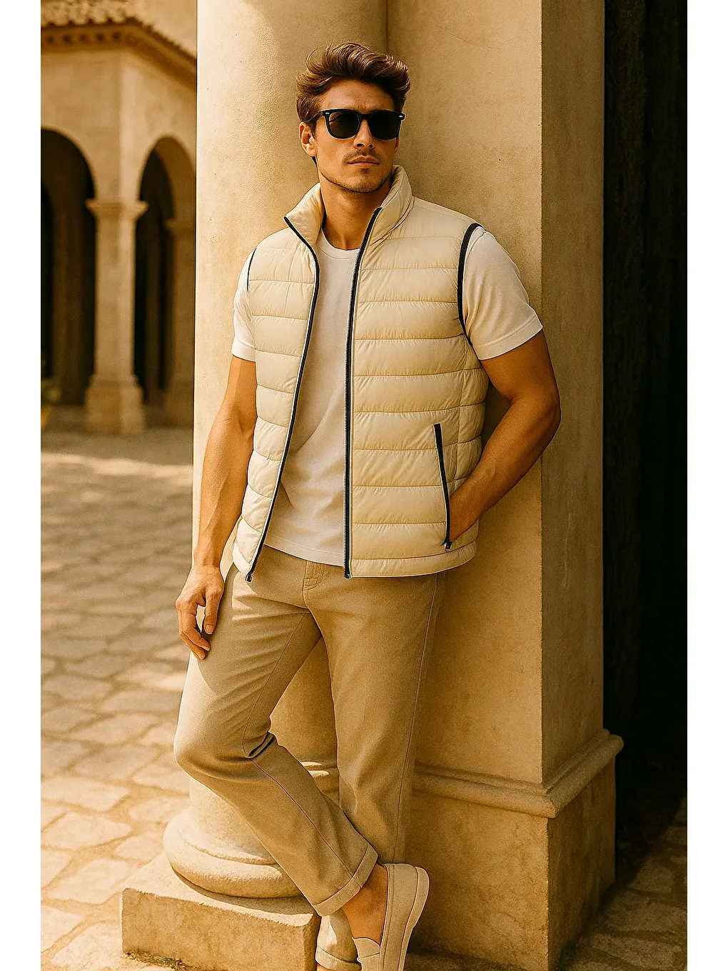 Ekru Erkek Kışlık Premium Trend Fermuarlı Krem Şişme Yelek-1